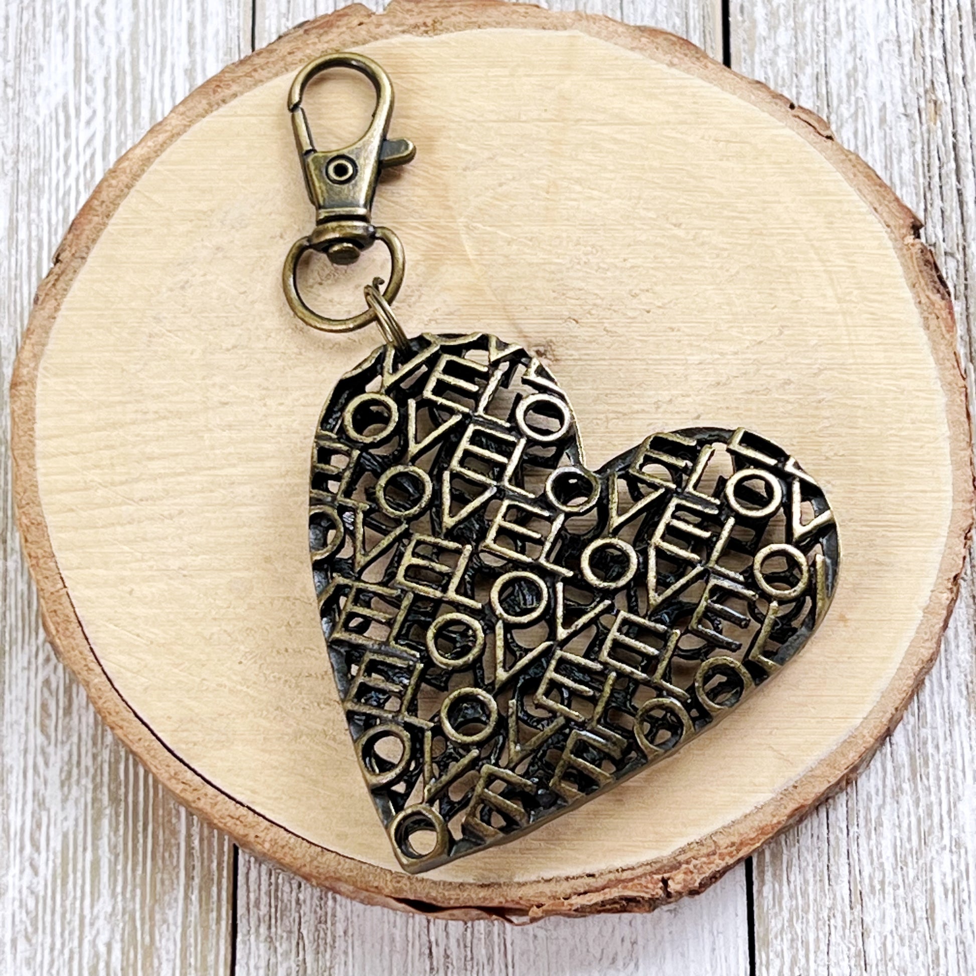 Love Word Art Heart Purse Charm – Antique Bronze Keychain with Script Cutout