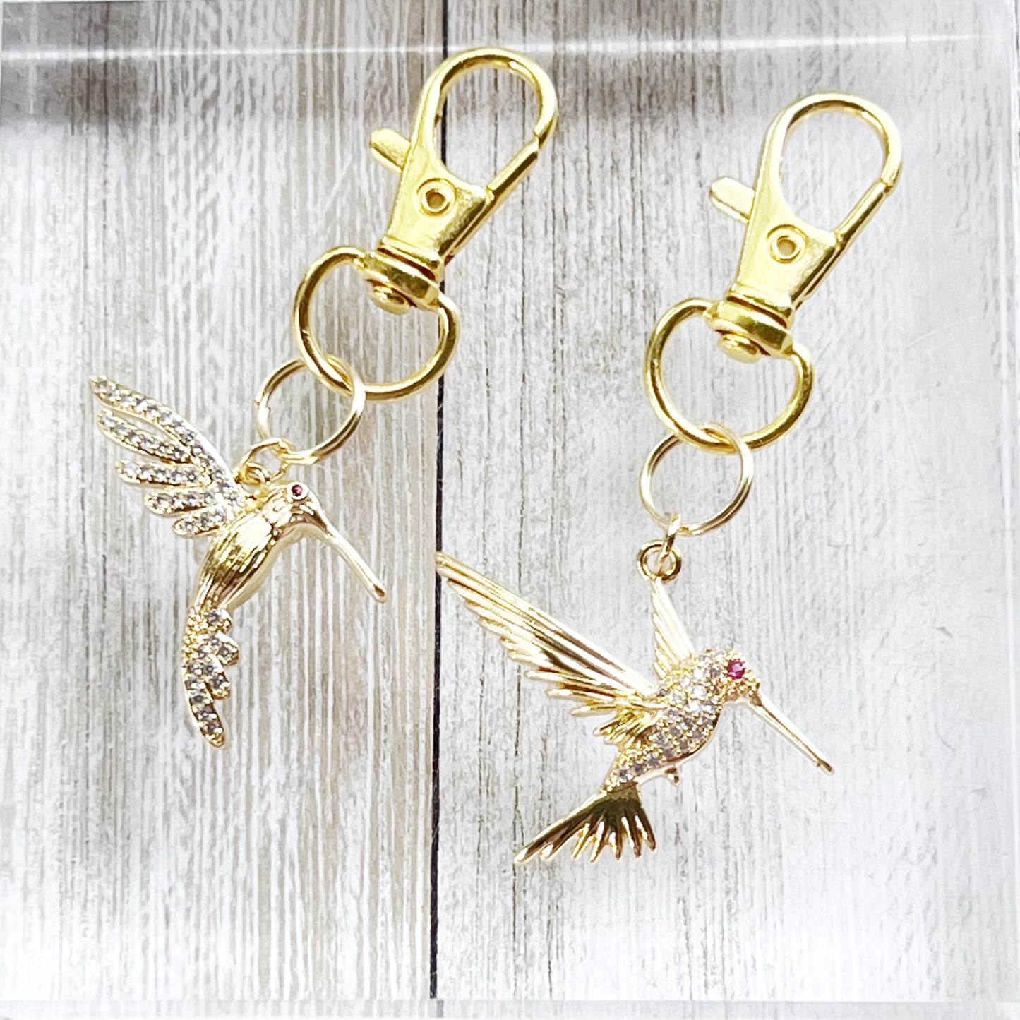 Hummingbird Purse Charms – Gold Crystal Bird Keychains with Bling