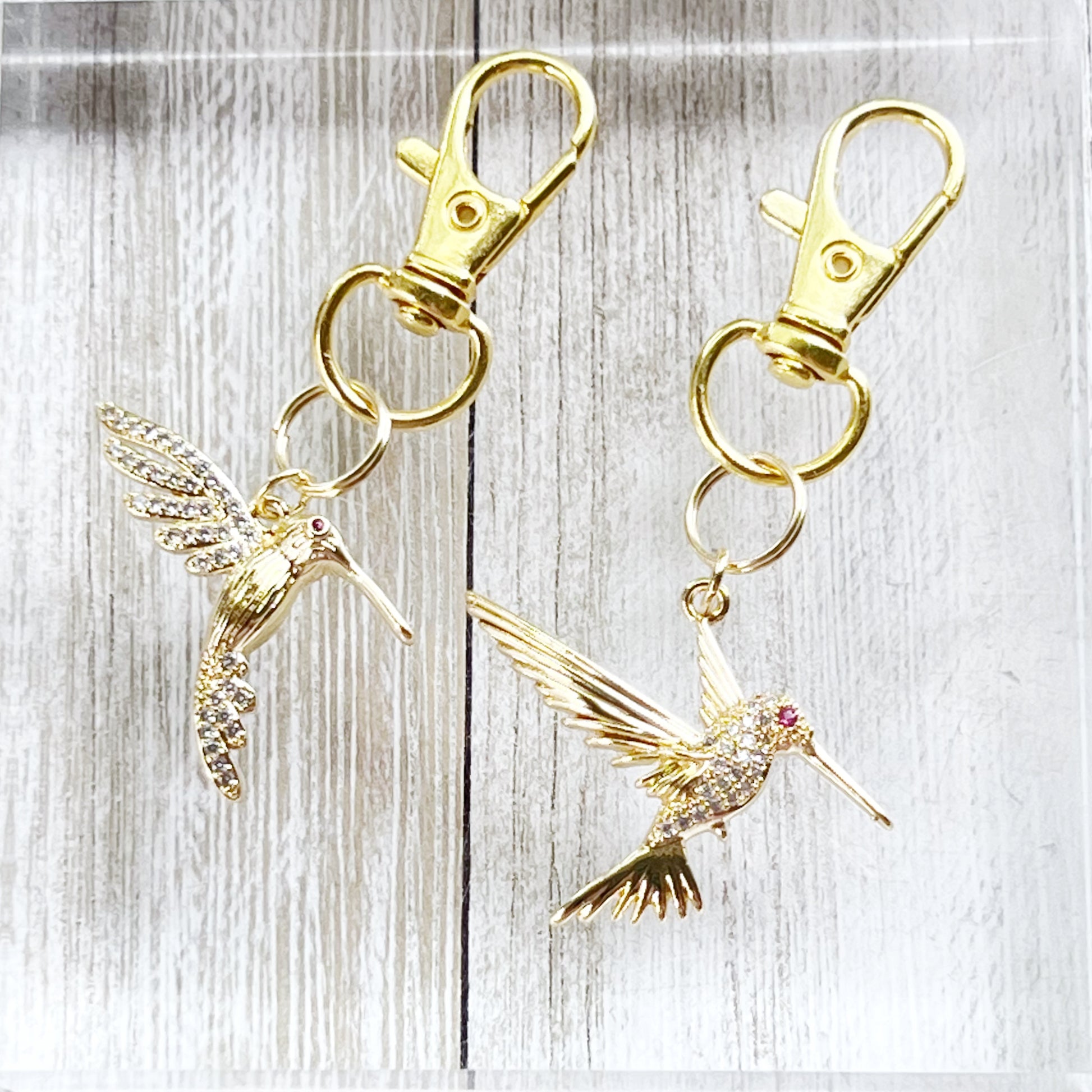 Hummingbird Purse Charms – Gold Crystal Bird Keychains with Bling