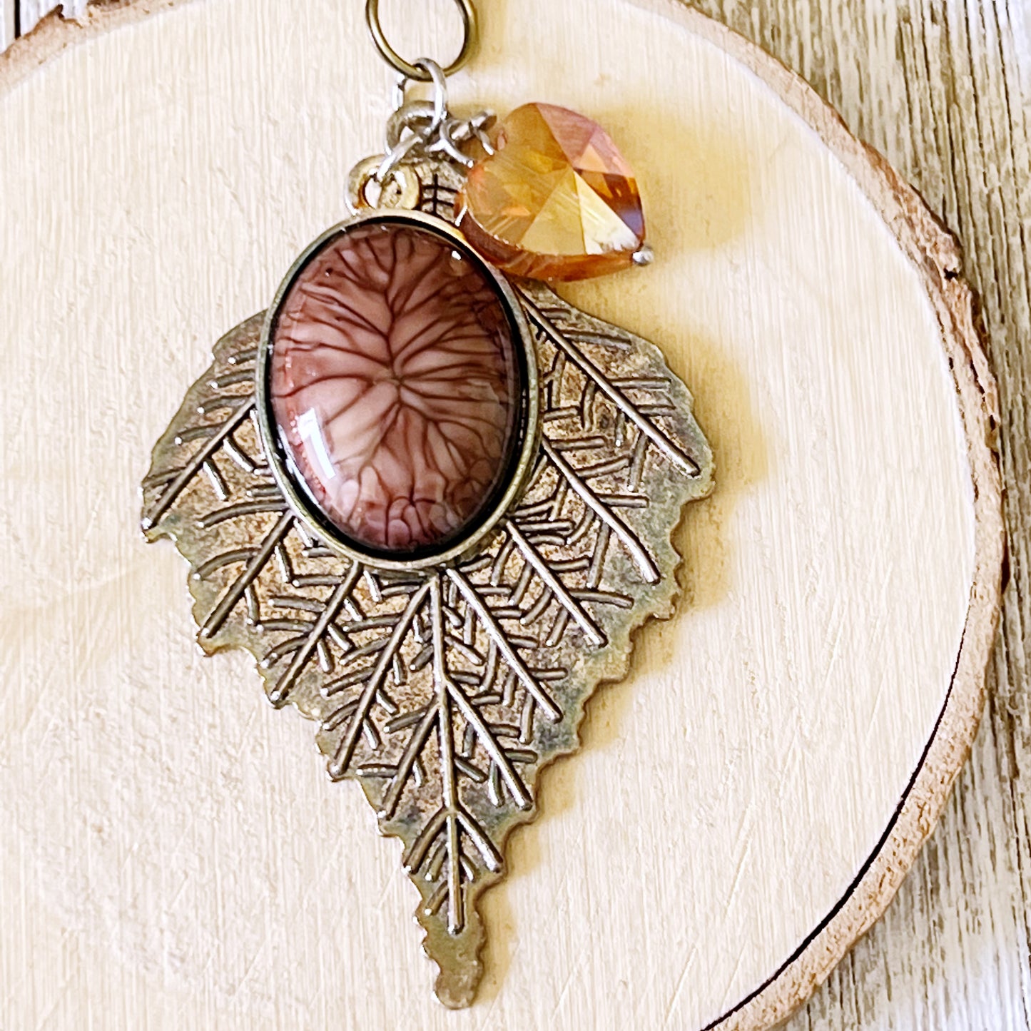 Leaf Purse Charm – Bronze Botanical Keychain with Glass Heart Accent