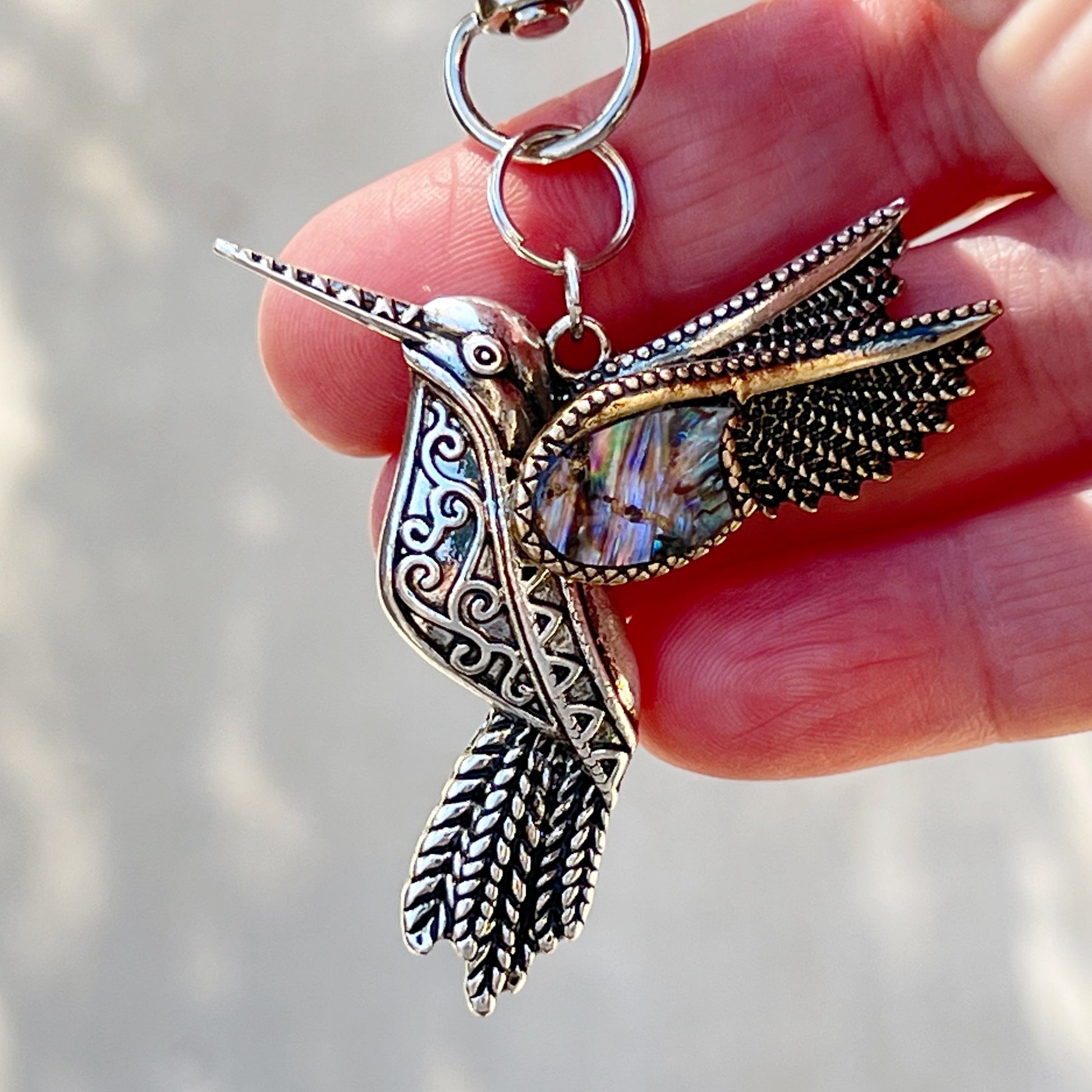 Abalone Hummingbird Purse Charm – Silver Bird Keychain with Etched Boho Details