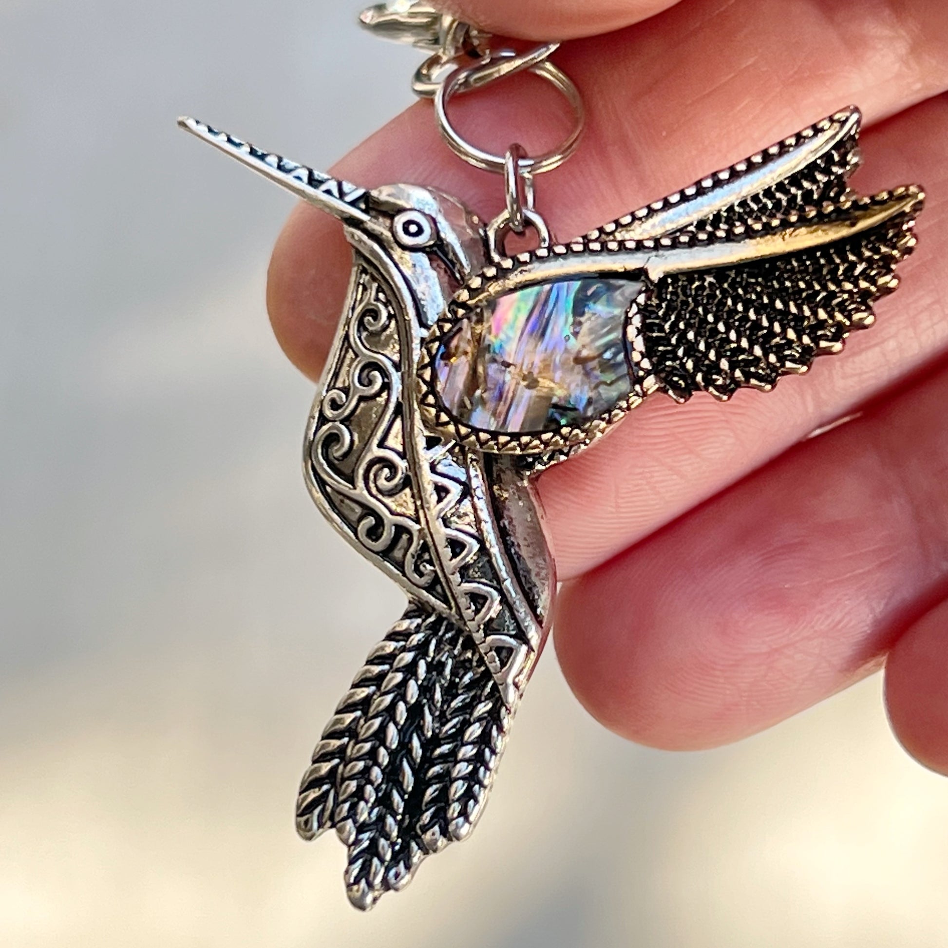 Abalone Hummingbird Purse Charm – Silver Bird Keychain with Etched Boho Details