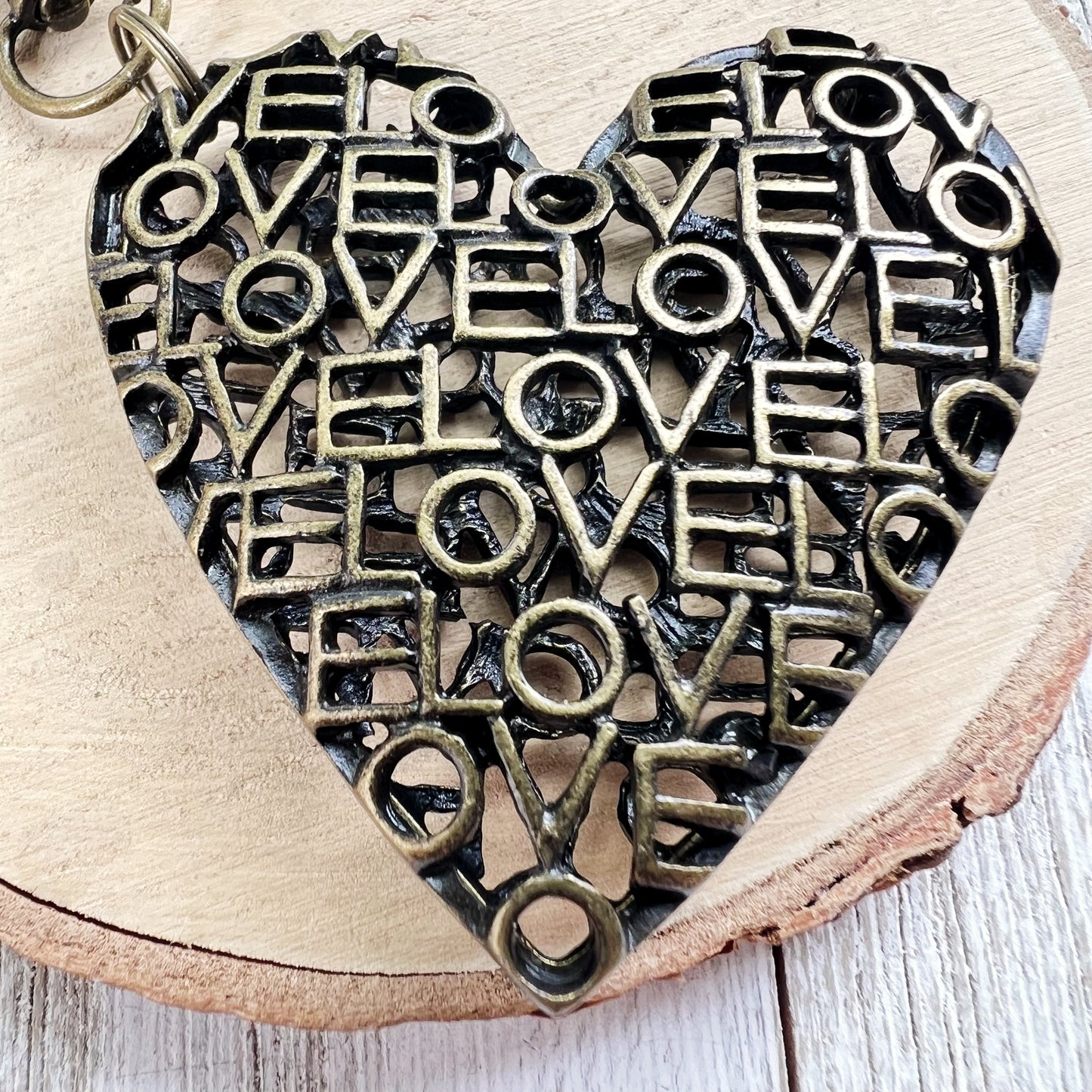 Love Word Art Heart Purse Charm – Antique Bronze Keychain with Script Cutout