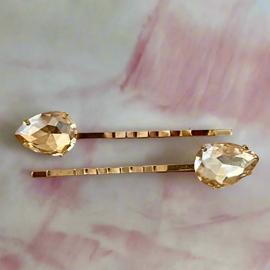 Gold Teardrop Rhinestone Hair Pins - Elegant Bobby Pin Set of 2
