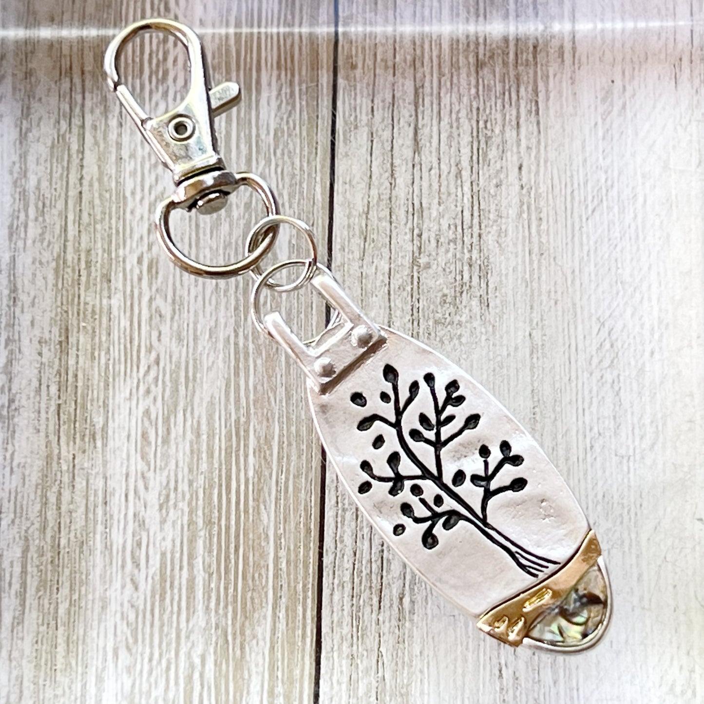 Tree of Life Purse Charm – Silver & Gold Keychain with Abalone