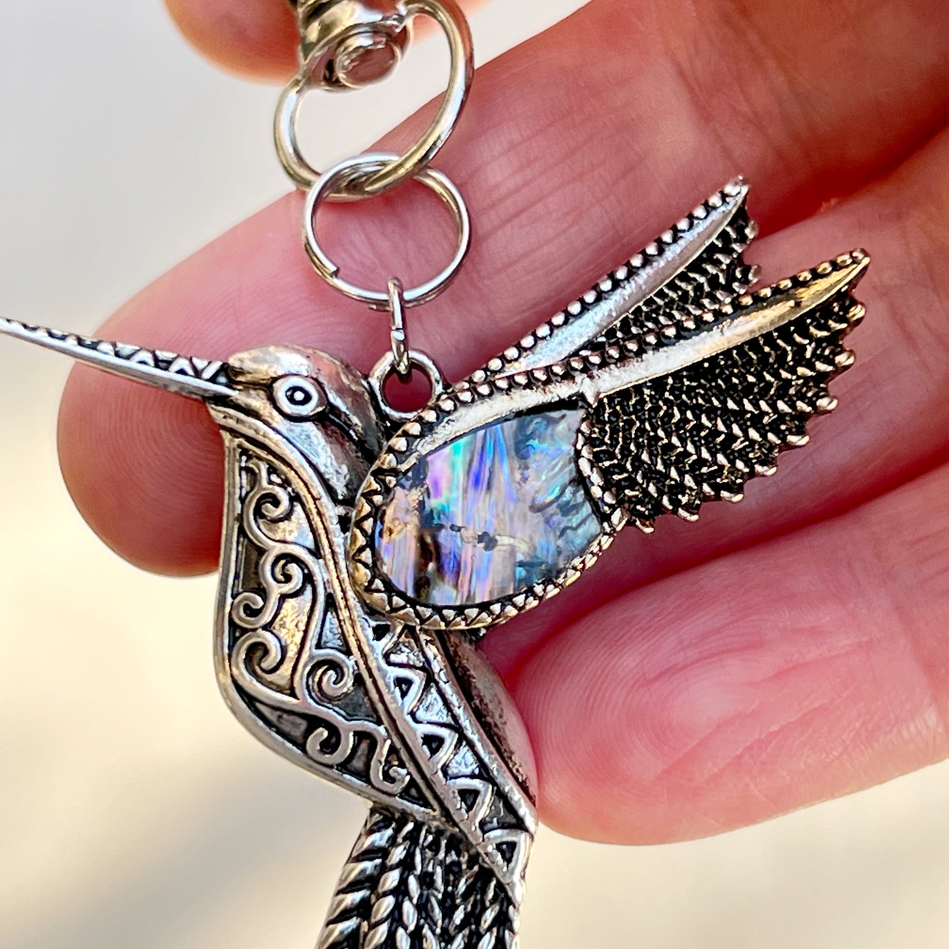 Abalone Hummingbird Purse Charm – Silver Bird Keychain with Etched Boho Details