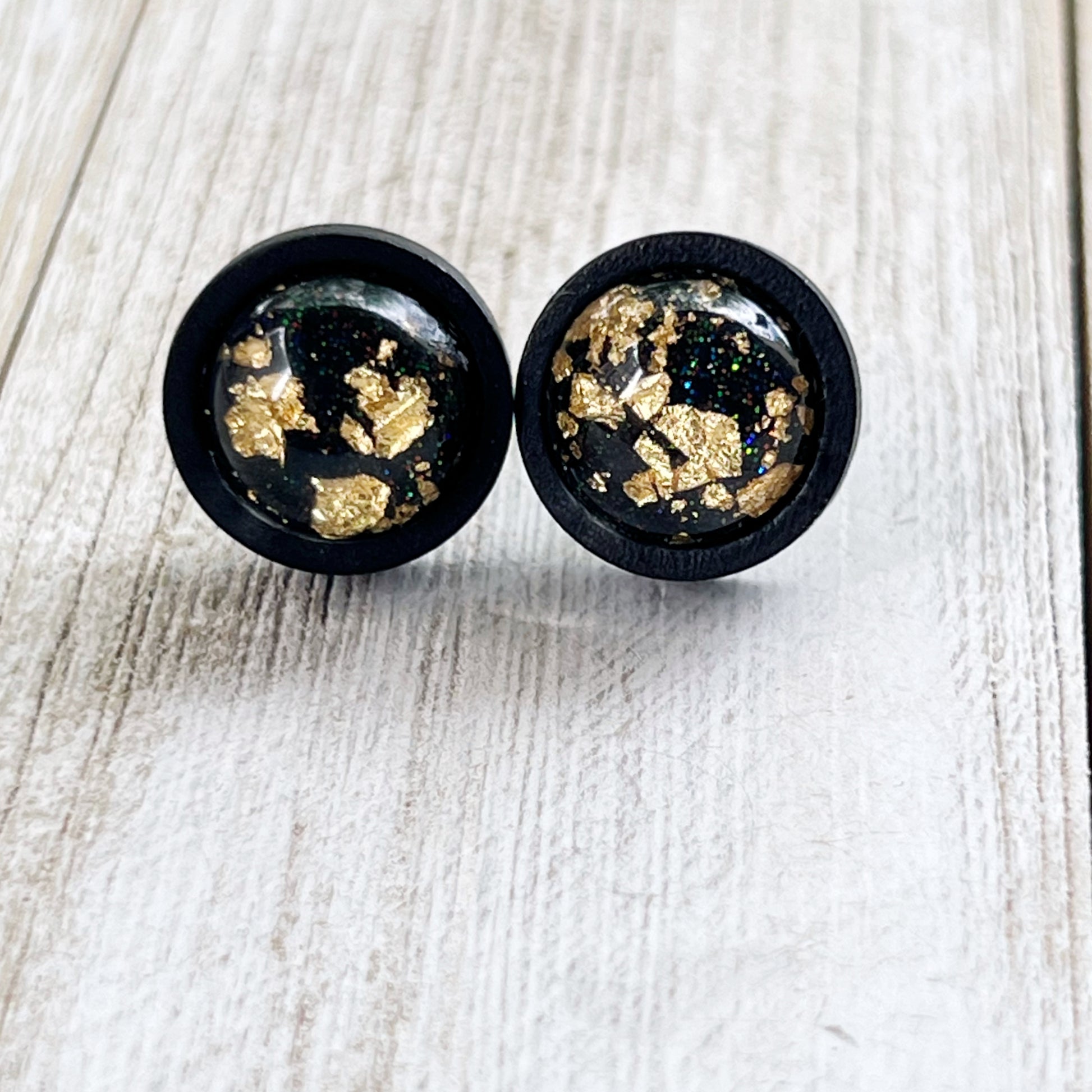 Gold Flake & Glitter Resin Stud Earrings – Black Wood Handmade Jewelry