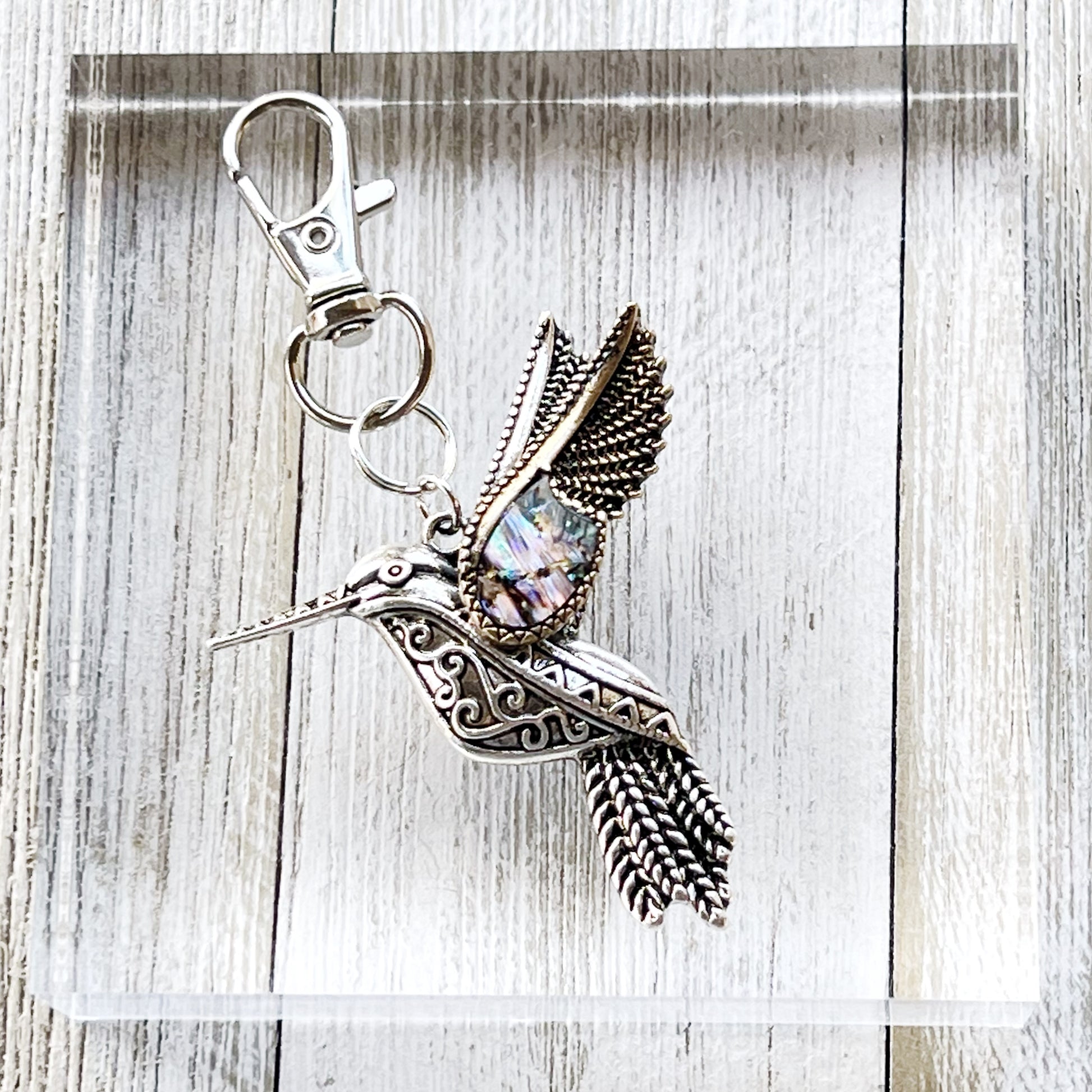 Abalone Hummingbird Purse Charm – Silver Bird Keychain with Etched Boho Details