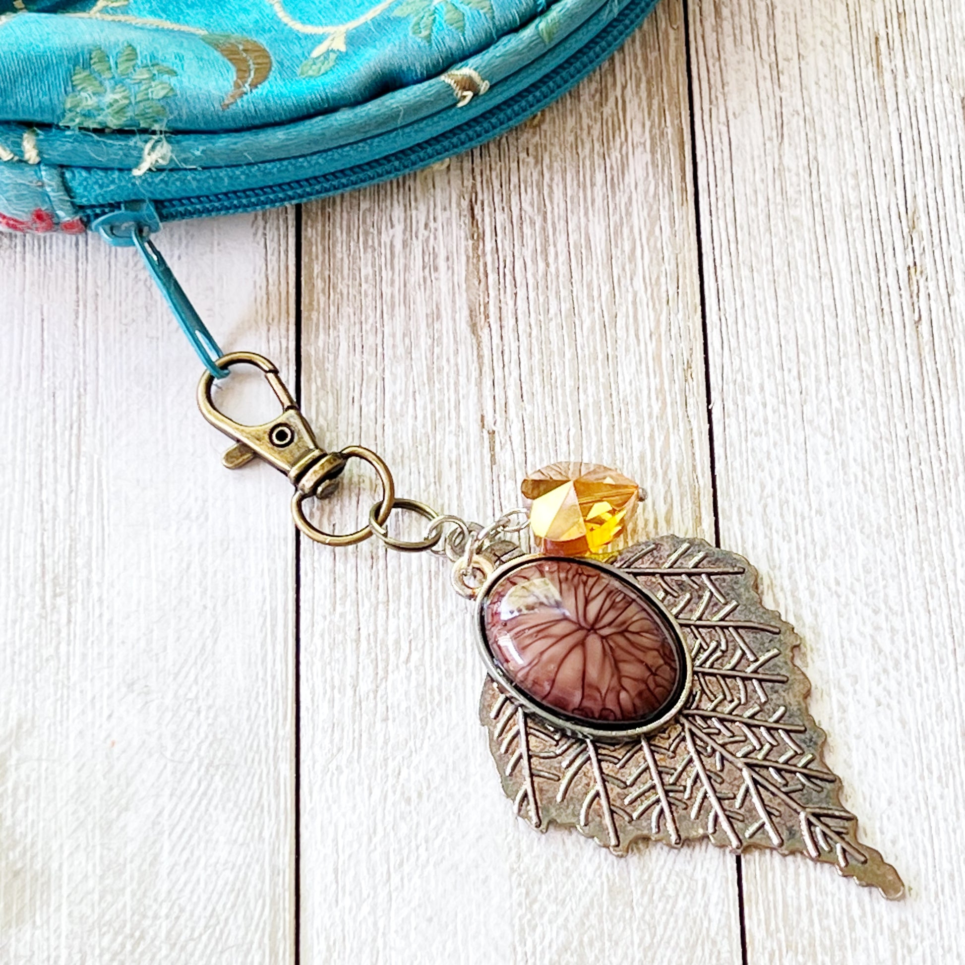 Leaf Purse Charm – Bronze Botanical Keychain with Glass Heart Accent