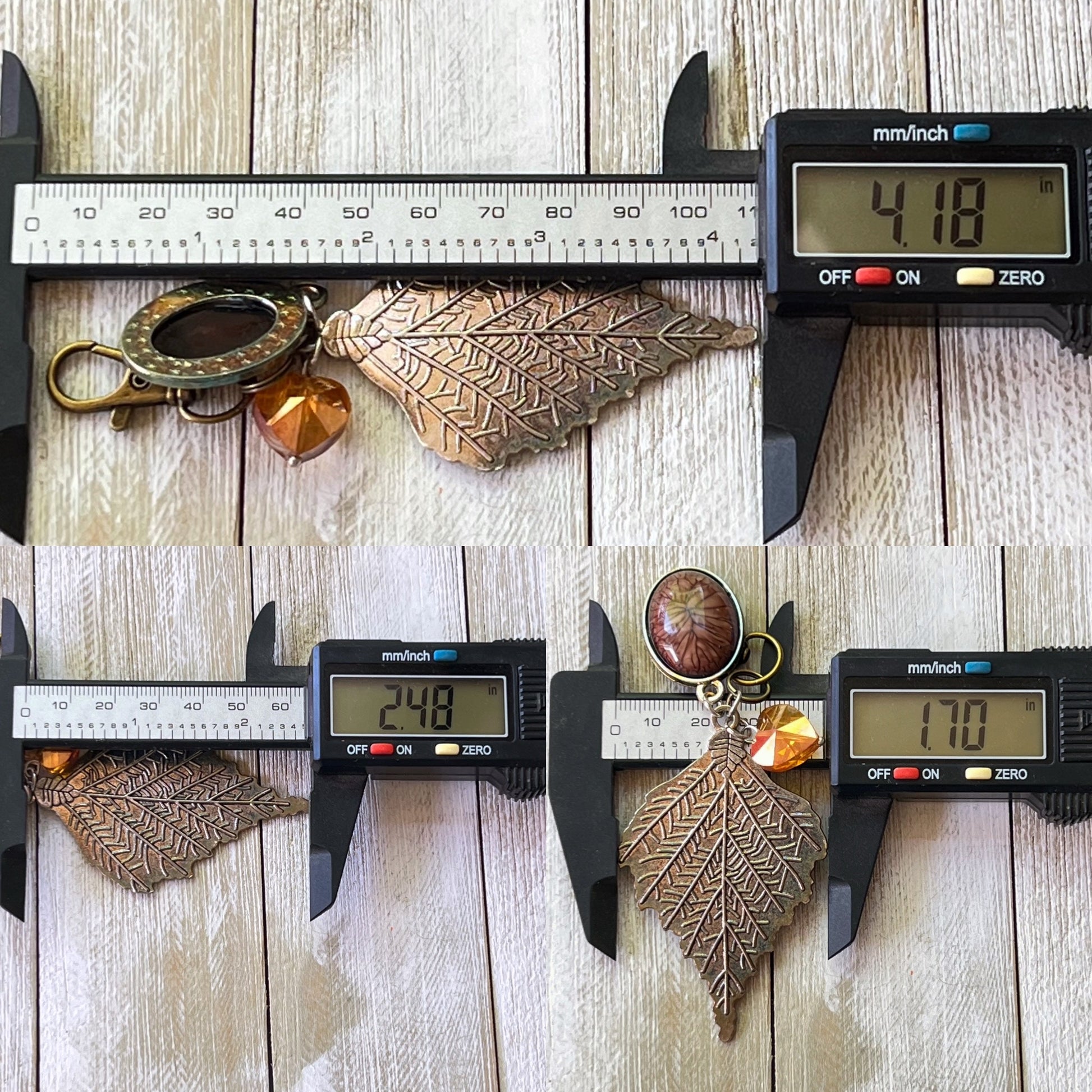 Leaf Purse Charm – Bronze Botanical Keychain with Glass Heart Accent