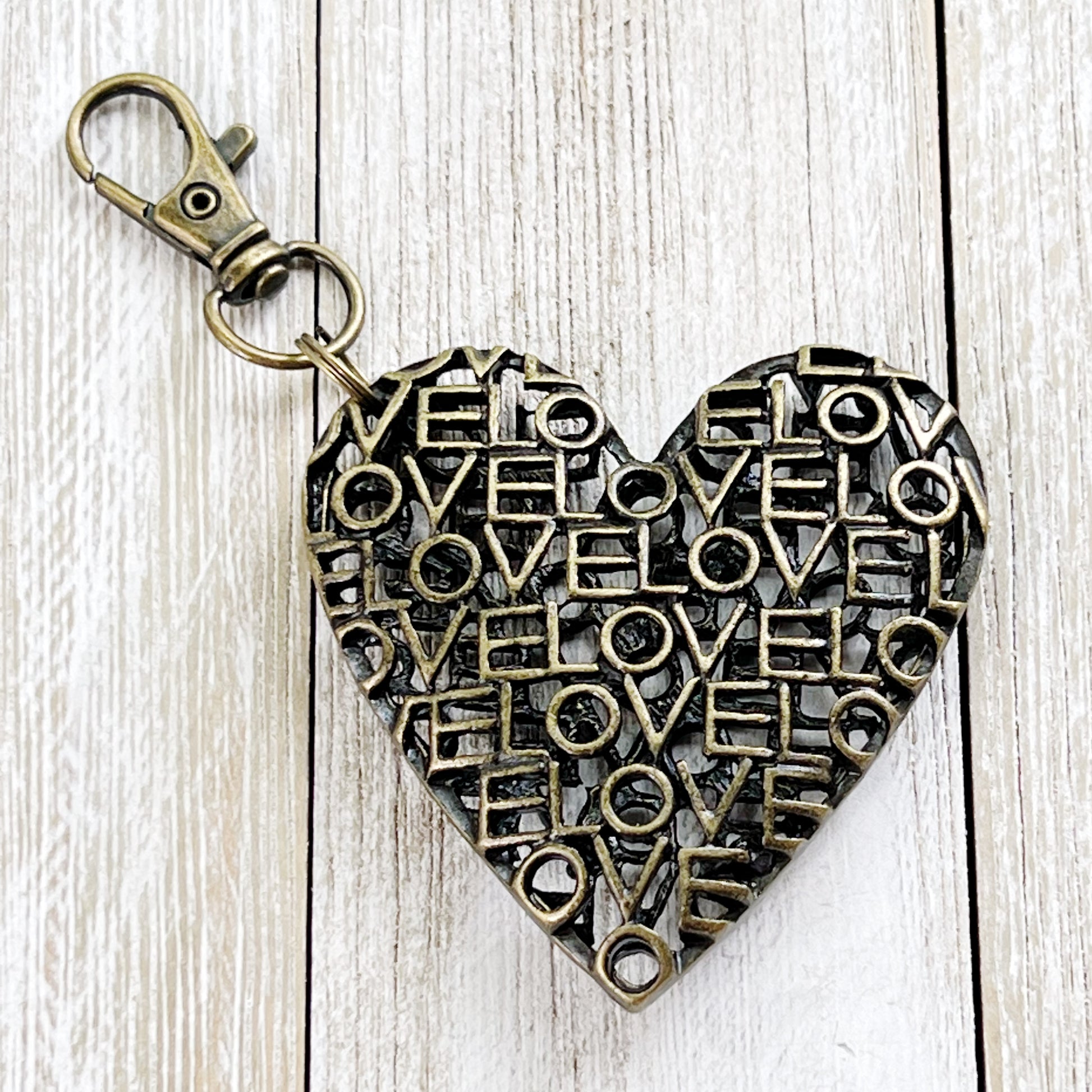 Love Word Art Heart Purse Charm – Antique Bronze Keychain with Script Cutout