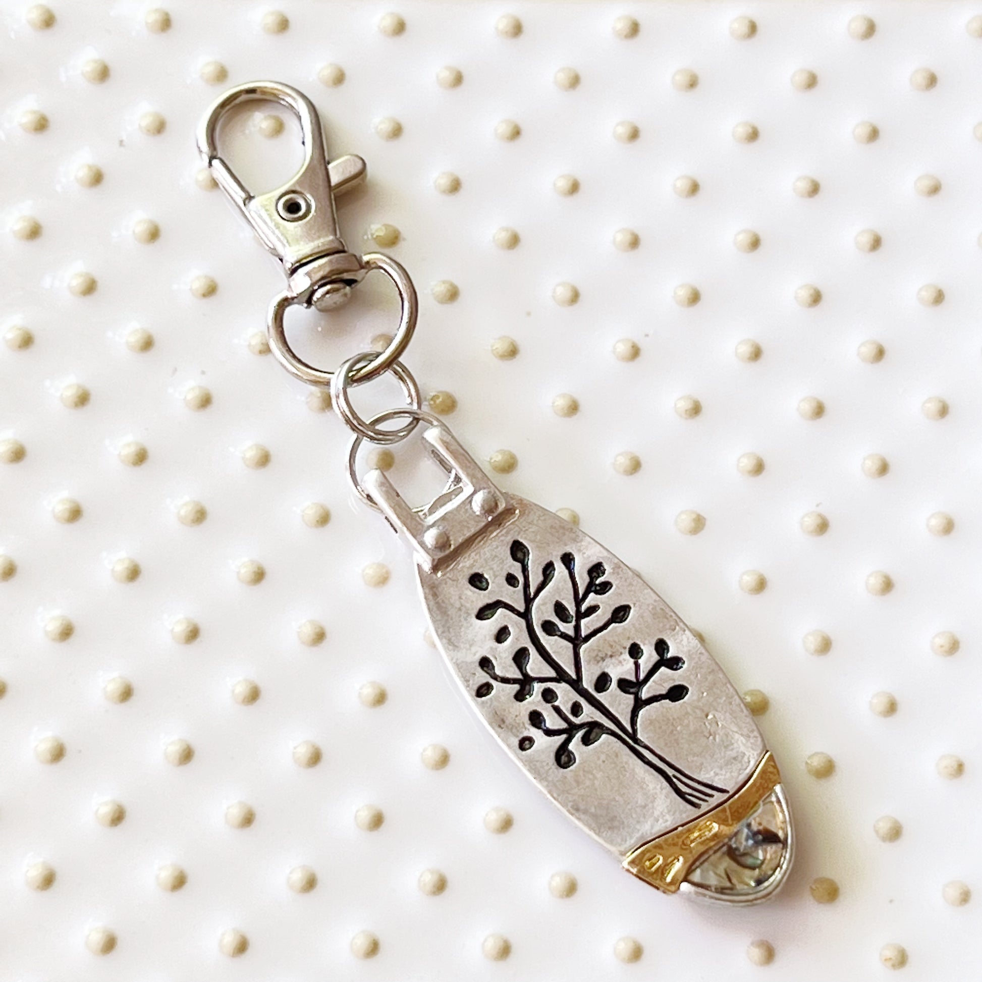 Tree of Life Purse Charm – Silver & Gold Keychain with Abalone