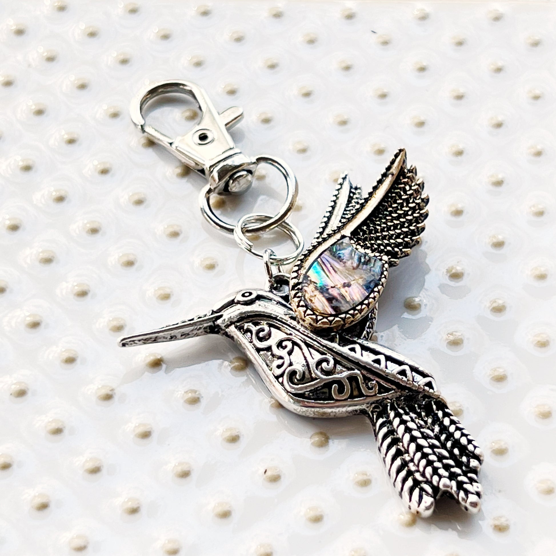 Abalone Hummingbird Purse Charm – Silver Bird Keychain with Etched Boho Details