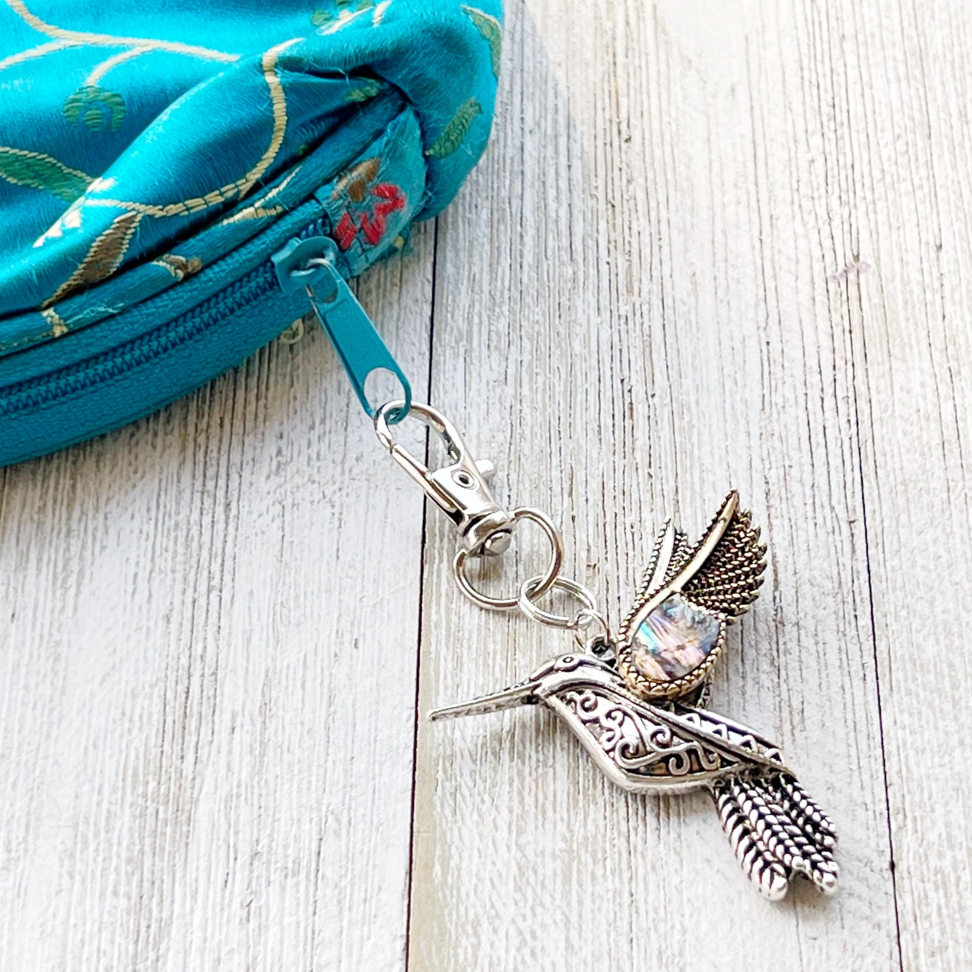 Abalone Hummingbird Purse Charm – Silver Bird Keychain with Etched Boho Details