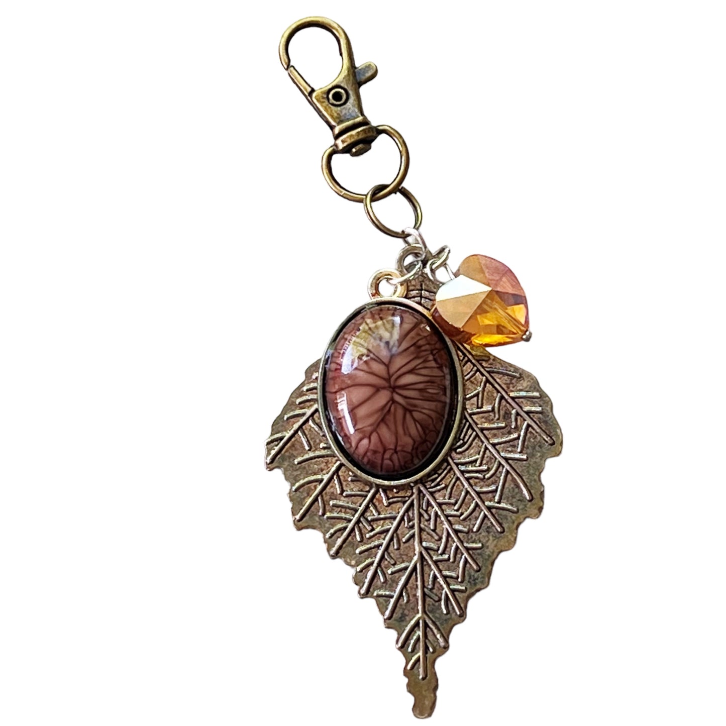 Leaf Purse Charm – Bronze Botanical Keychain with Glass Heart Accent
