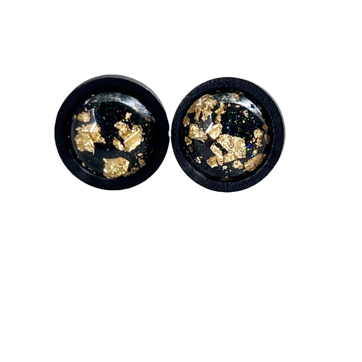 Gold Flake & Glitter Resin Stud Earrings – Black Wood Handmade Jewelry