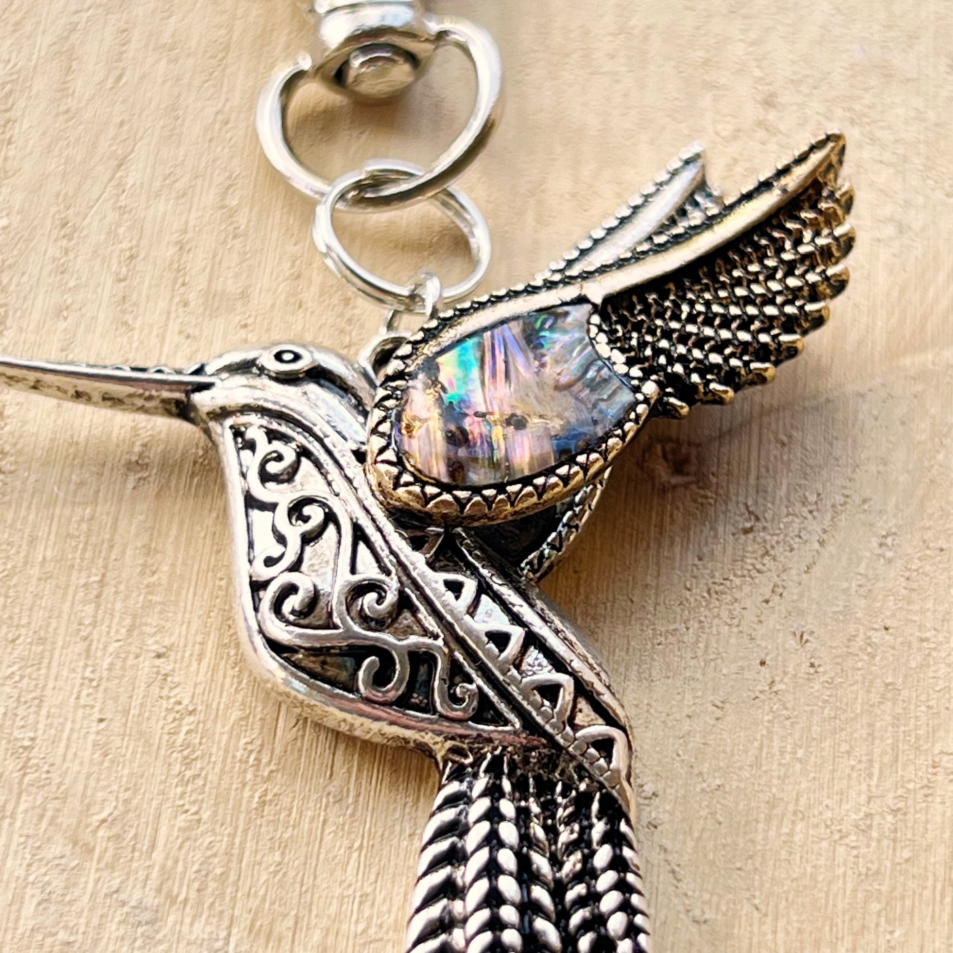 Abalone Hummingbird Purse Charm – Silver Bird Keychain with Etched Boho Details