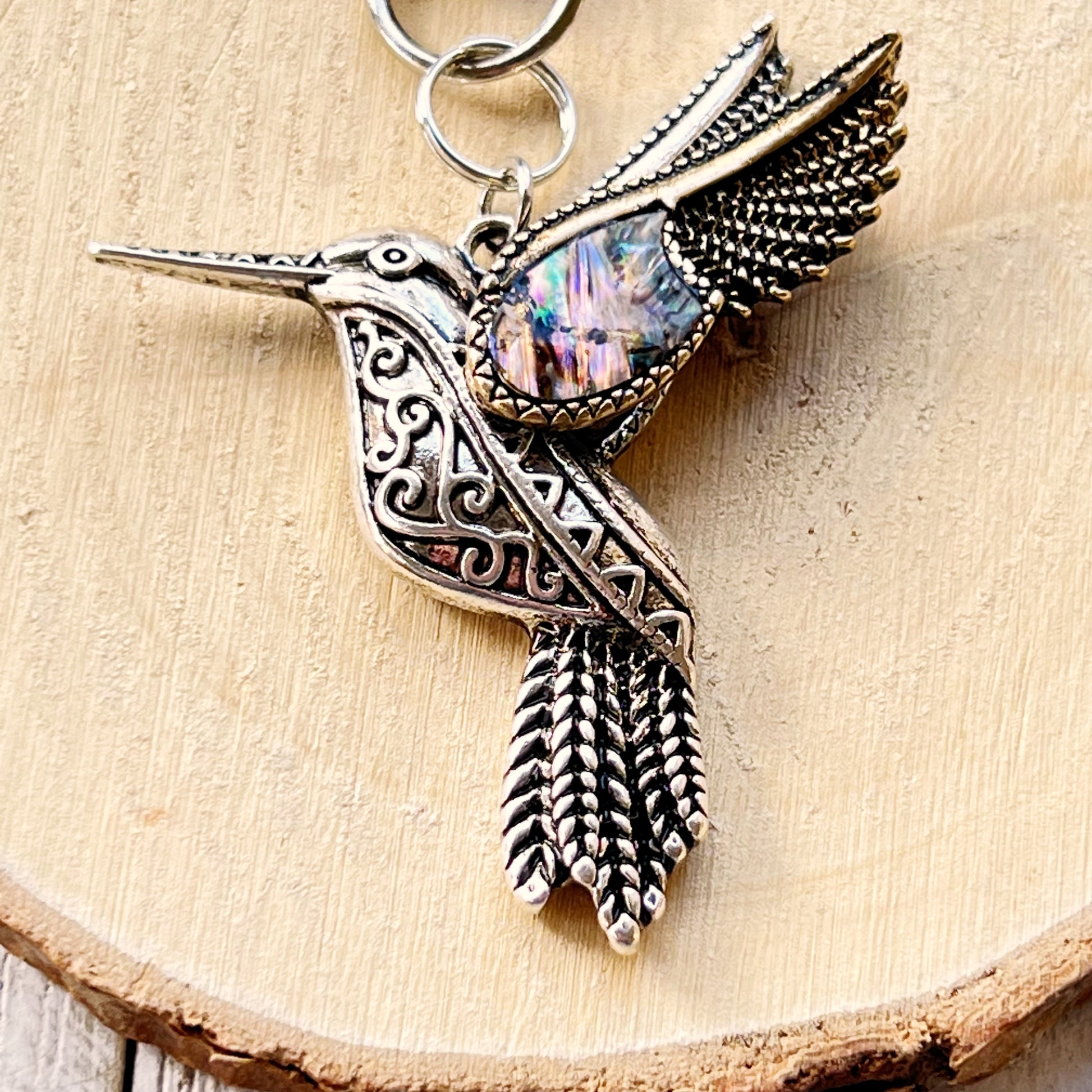 Abalone Hummingbird Purse Charm – Silver Bird Keychain with Etched Boho Details