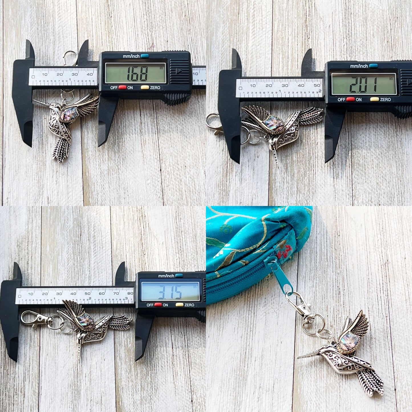 Abalone Hummingbird Purse Charm – Silver Bird Keychain with Etched Boho Details