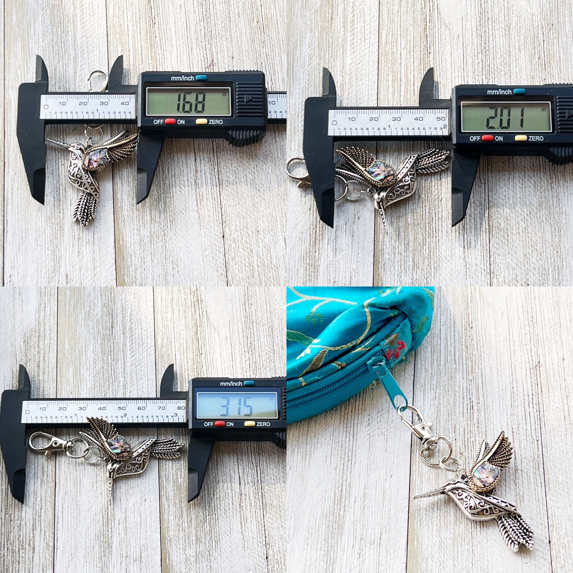 Abalone Hummingbird Purse Charm – Silver Bird Keychain with Etched Boho Details