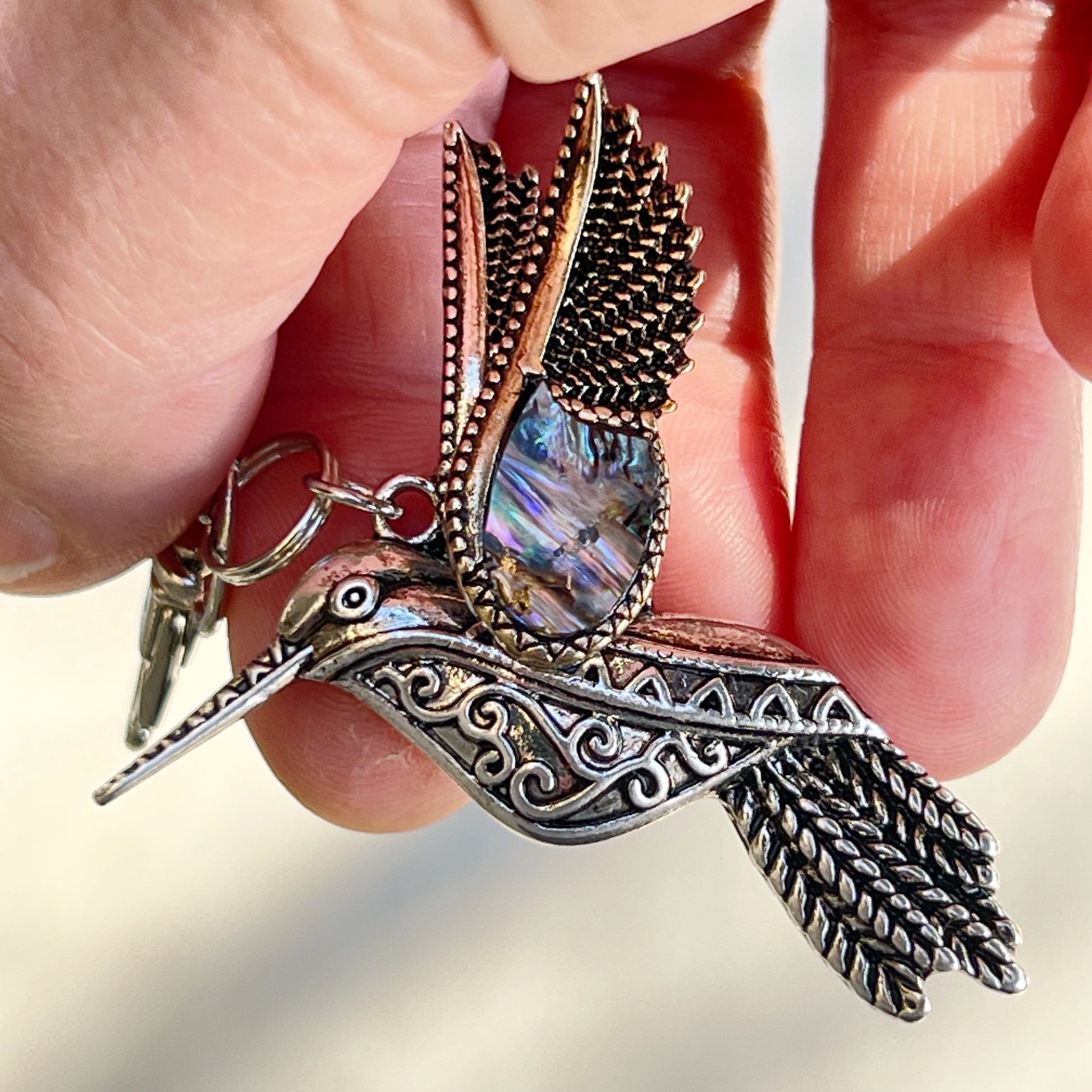 Abalone Hummingbird Purse Charm – Silver Bird Keychain with Etched Boho Details