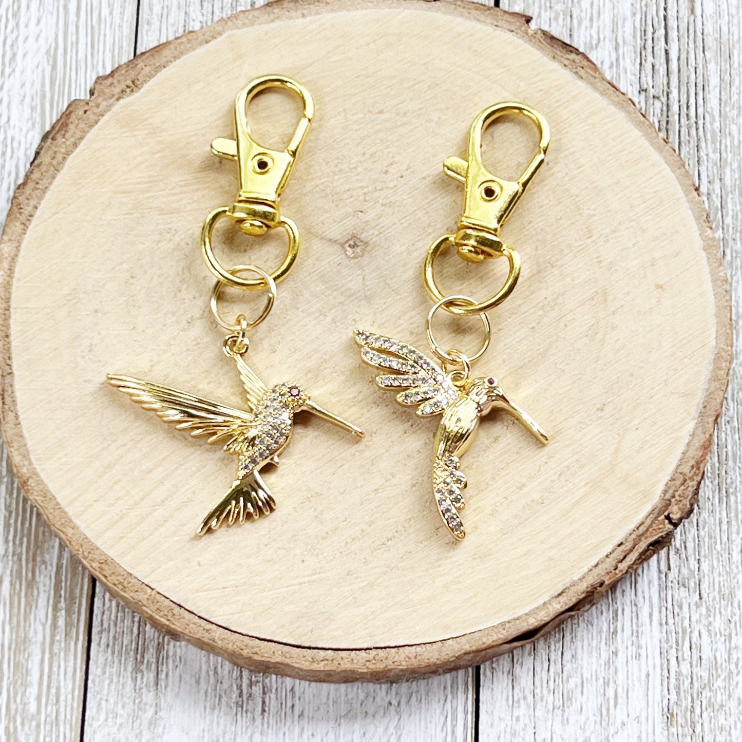 Hummingbird Purse Charms – Gold Crystal Bird Keychains with Bling