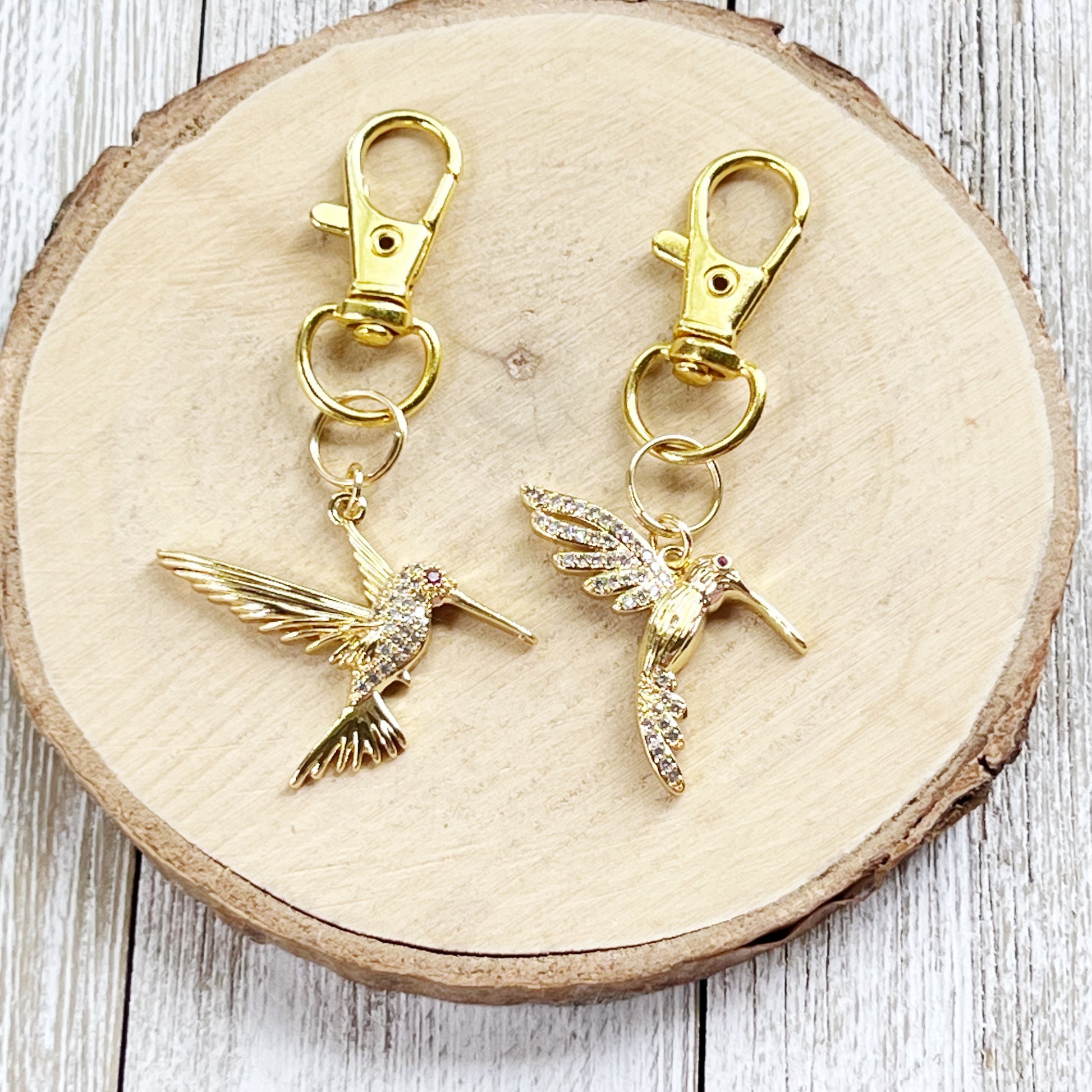 Hummingbird Purse Charms – Gold Crystal Bird Keychains with Bling