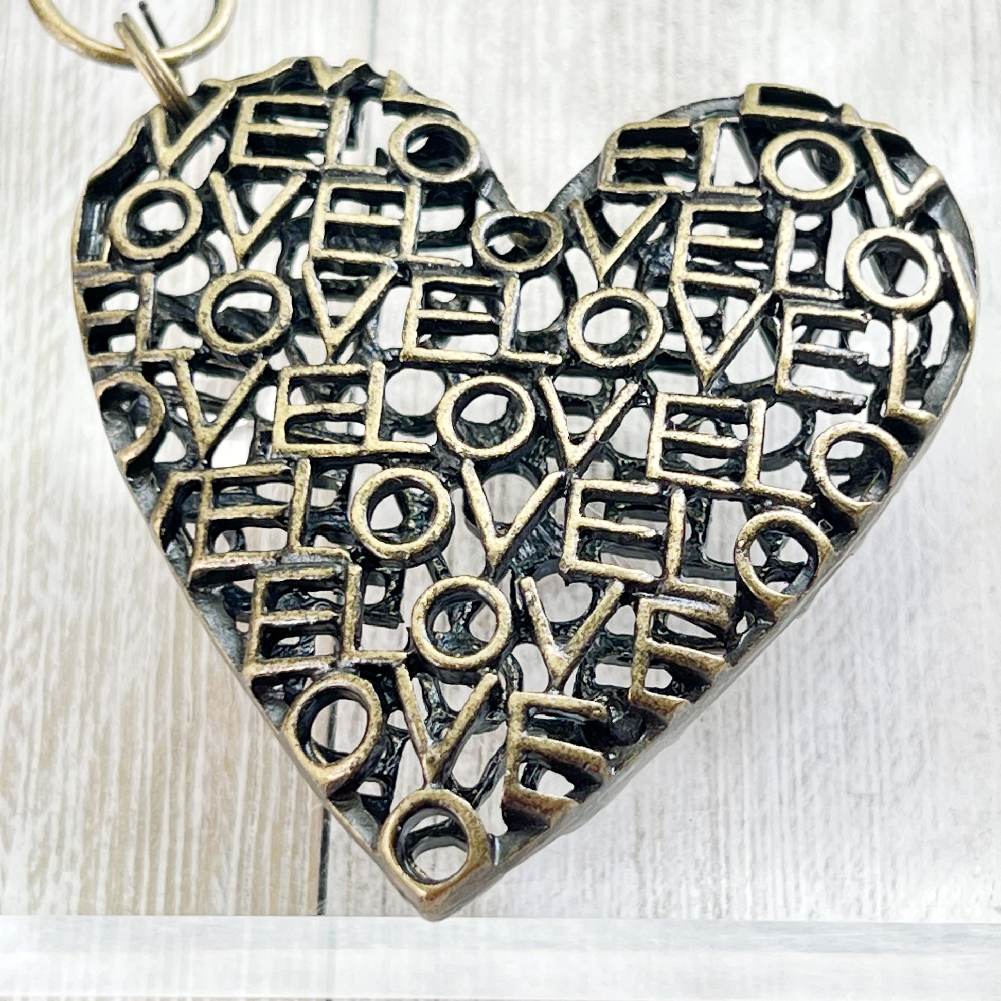 Love Word Art Heart Purse Charm – Antique Bronze Keychain with Script Cutout