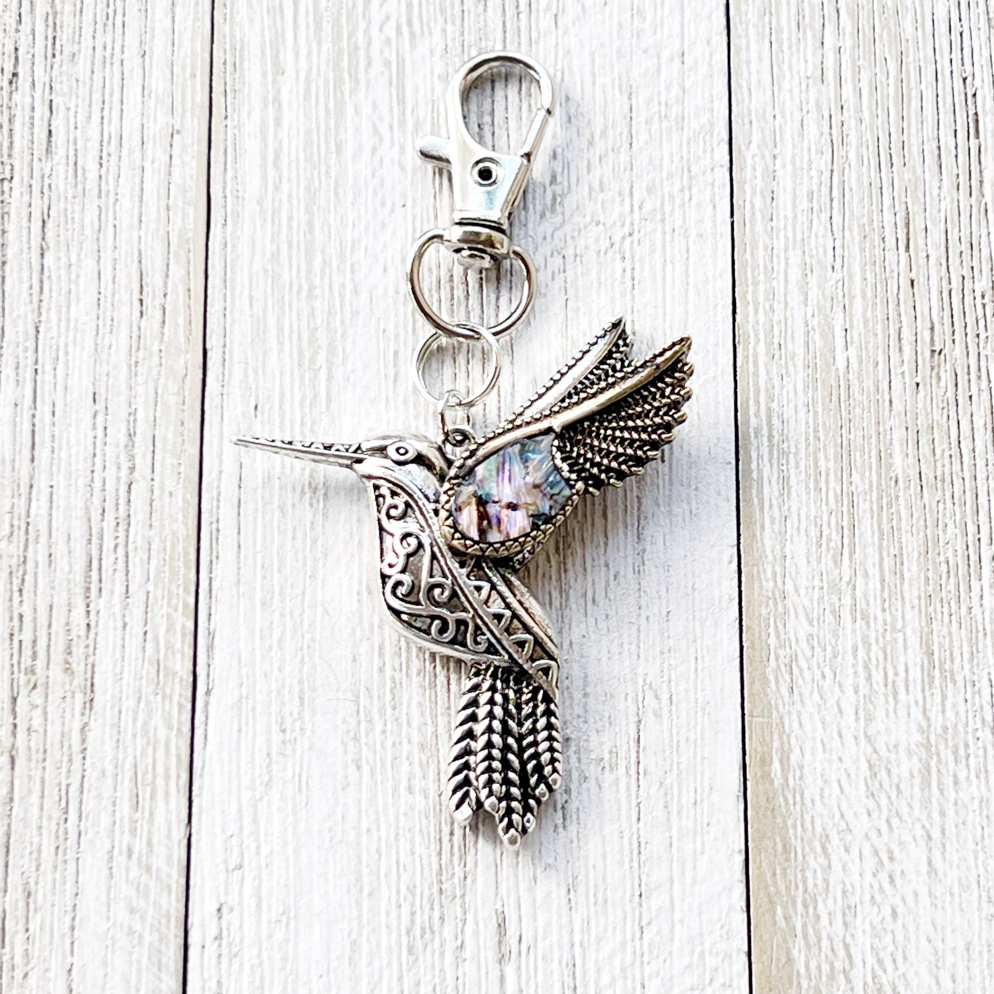 Abalone Hummingbird Purse Charm – Silver Bird Keychain with Etched Boho Details