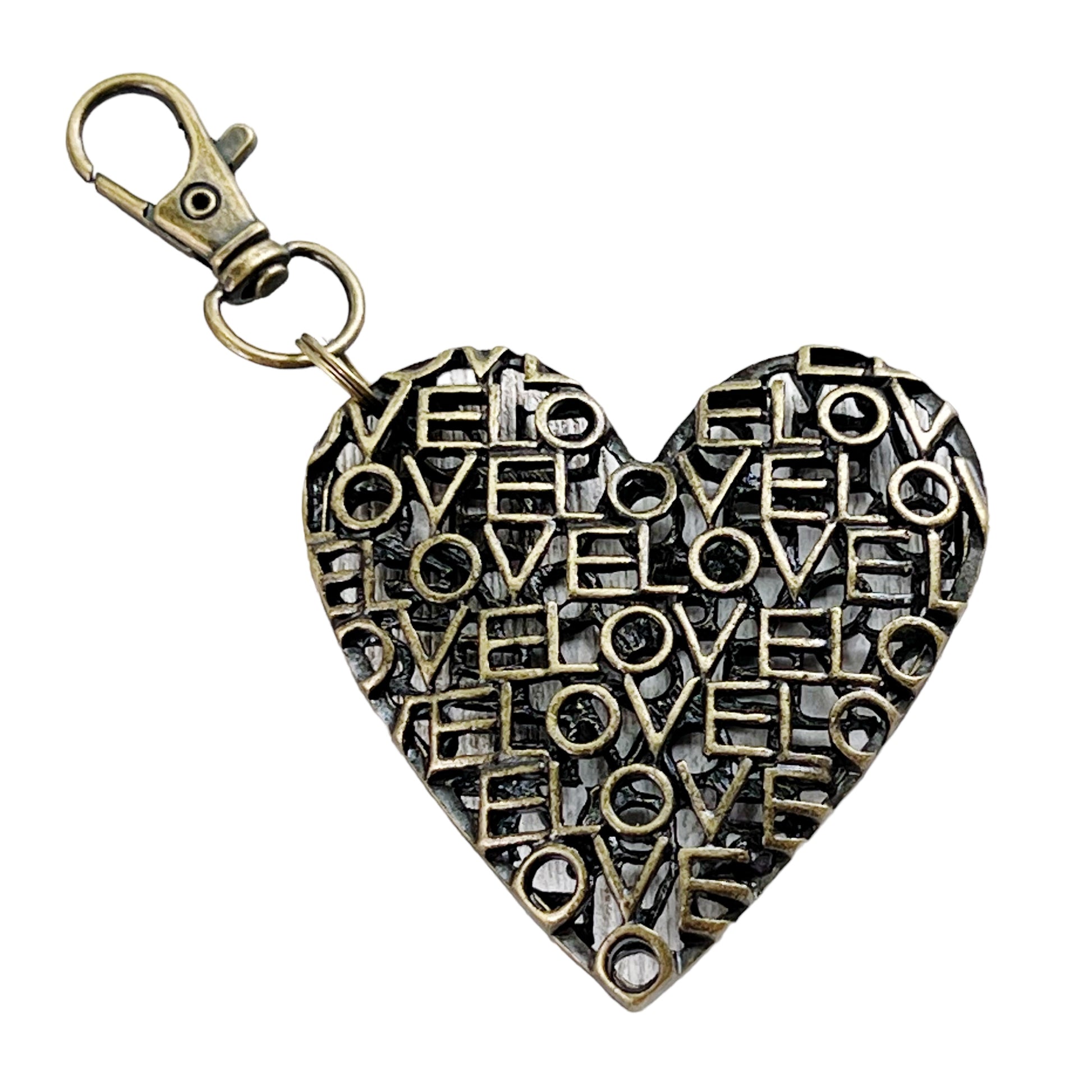 Love Word Art Heart Purse Charm – Antique Bronze Keychain with Script Cutout