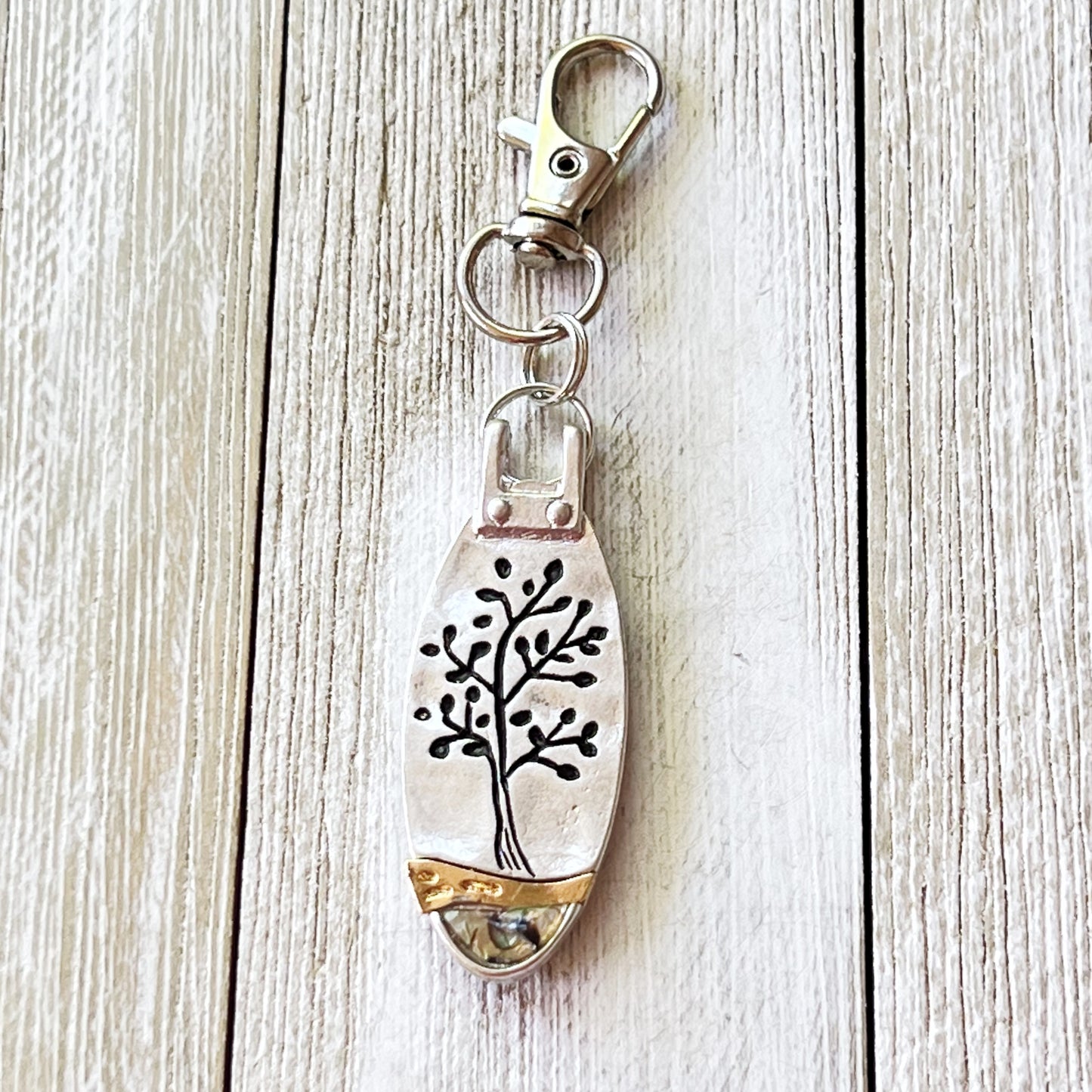 Tree of Life Purse Charm – Silver & Gold Keychain with Abalone