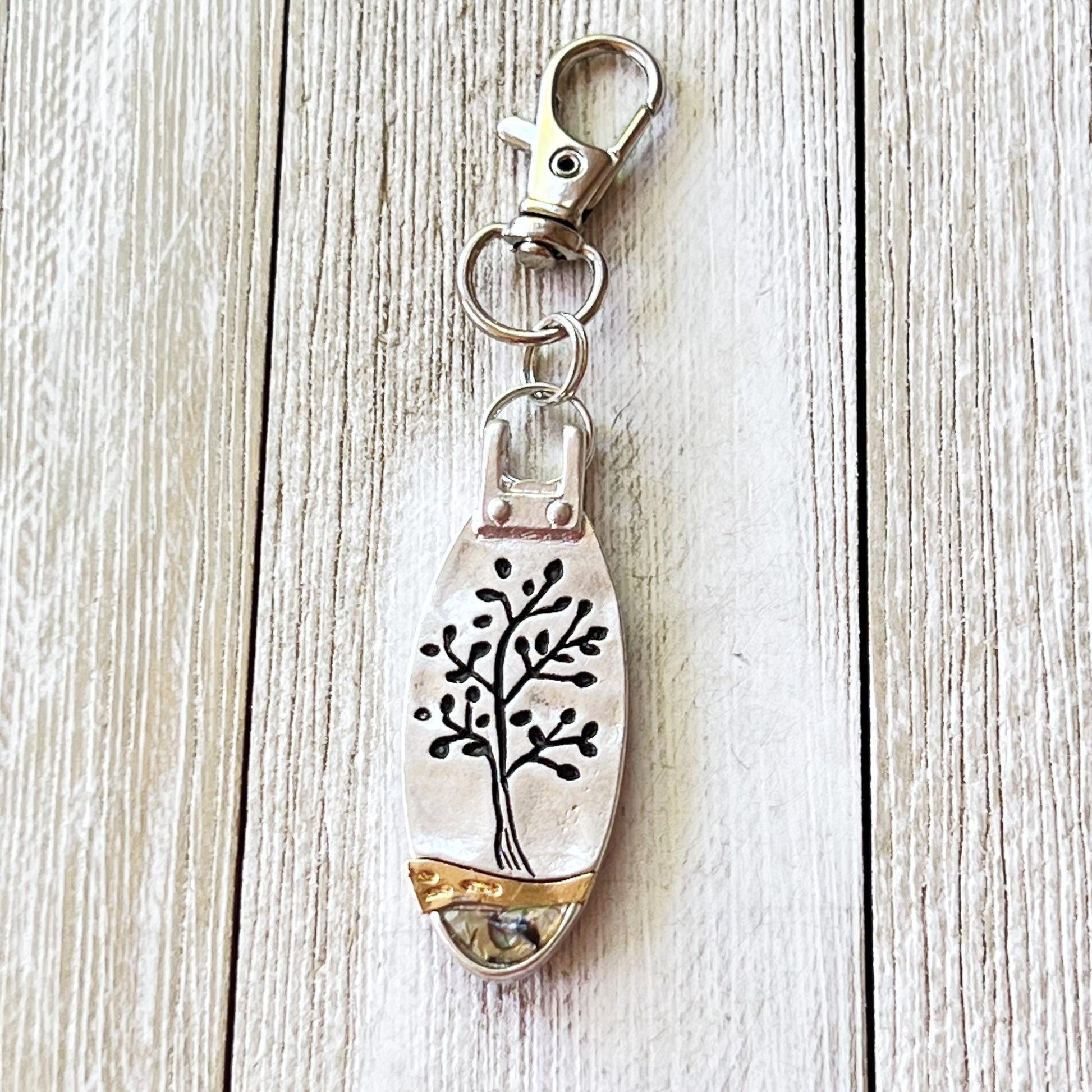 Tree of Life Purse Charm – Silver & Gold Keychain with Abalone