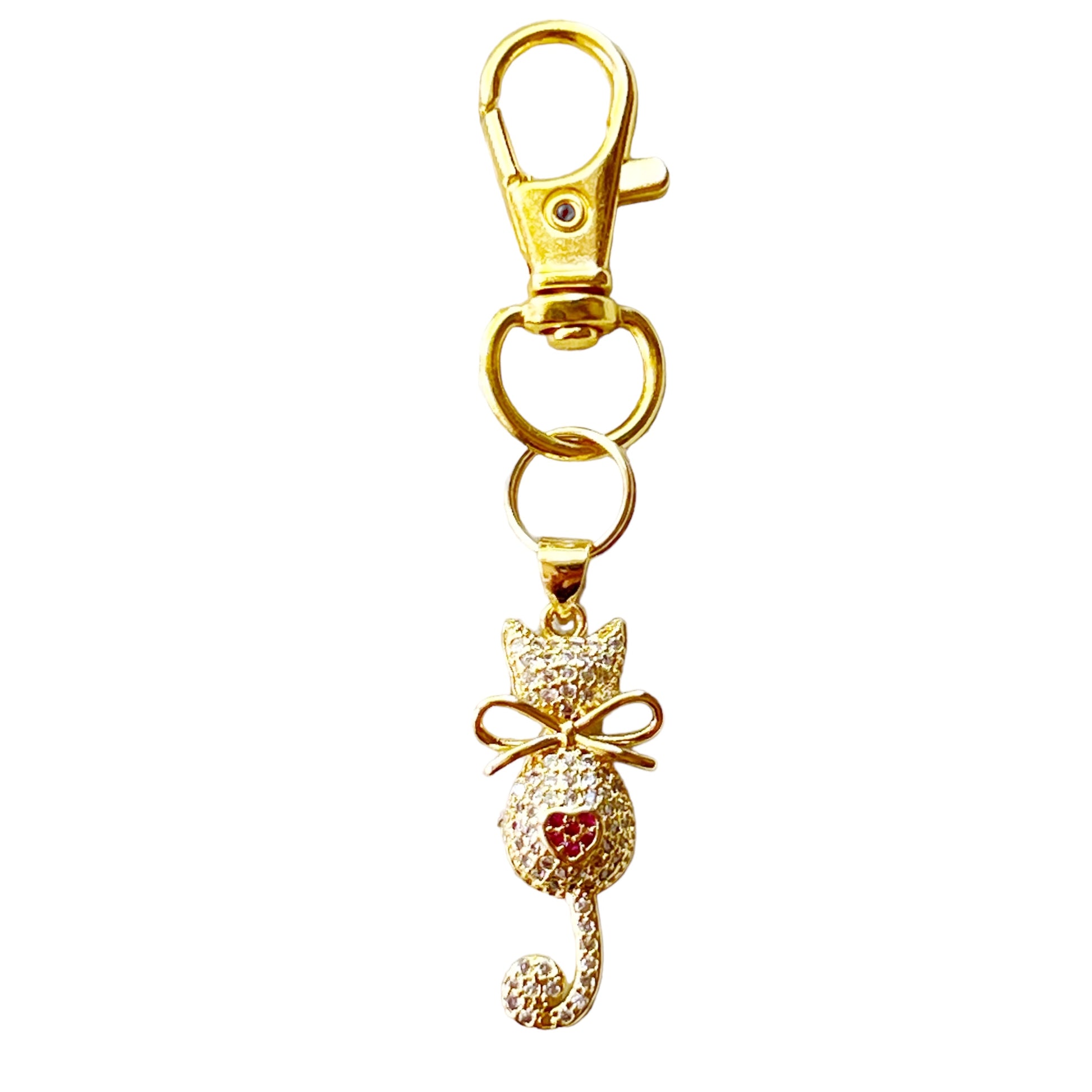 Gold Cat Purse Charm – 18K Plated Keychain with Cubic Zirconia & Heart