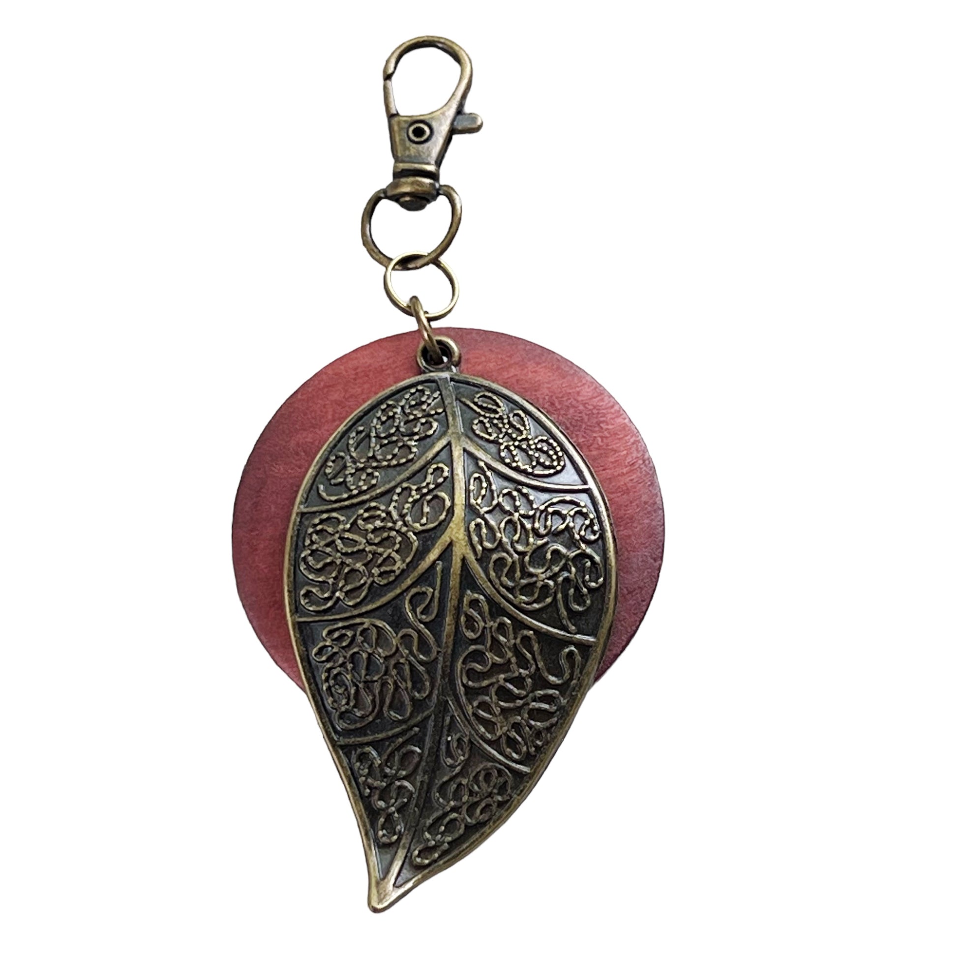 Antiqued Brass Leaf Zipper Pull Keychain & Handbag Charm with Red Wood Accent