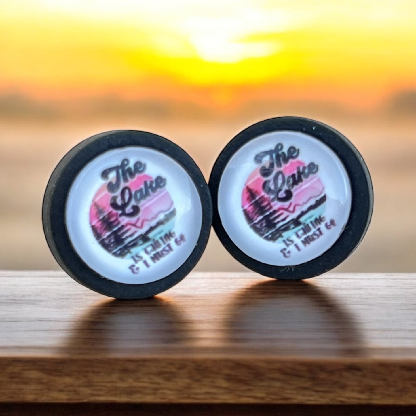 Lake quote stud earrings with “The Lake is Calling & I Must Go” design
