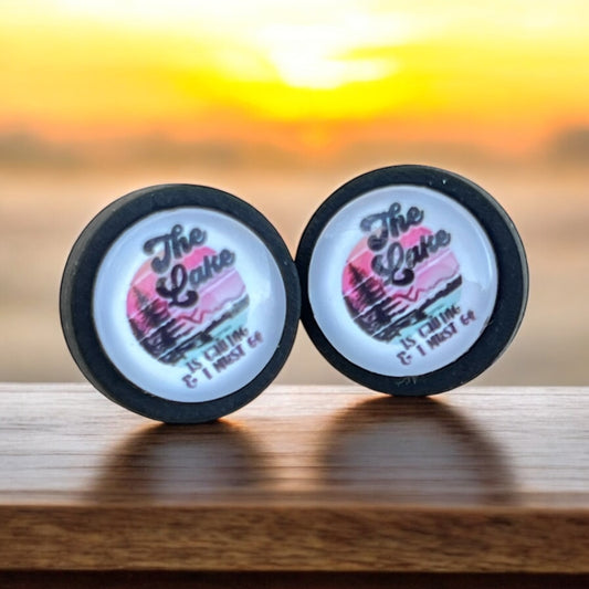 Lake quote stud earrings with “The Lake is Calling & I Must Go” design
