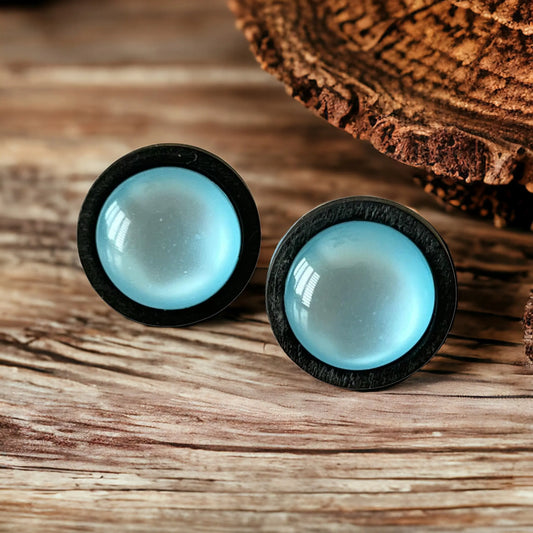 Pair of earrings with black rims and light blue centers on a wooden surface.