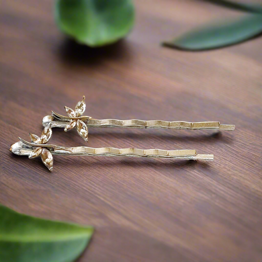Handmade light brown rhinestone dragonfly hair pins on wood round