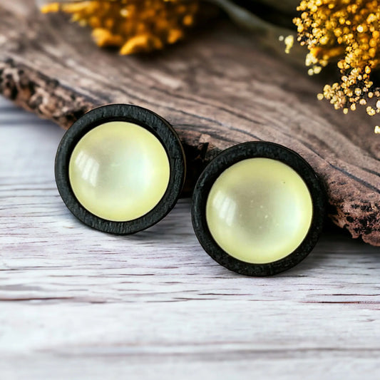 Round light yellow resin stud earrings with black wood border displayed on rustic wood