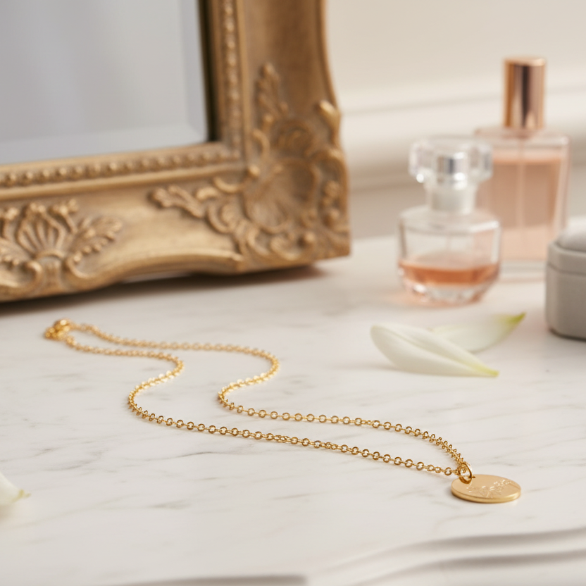 Gold necklace on a marble surface with decorative elements