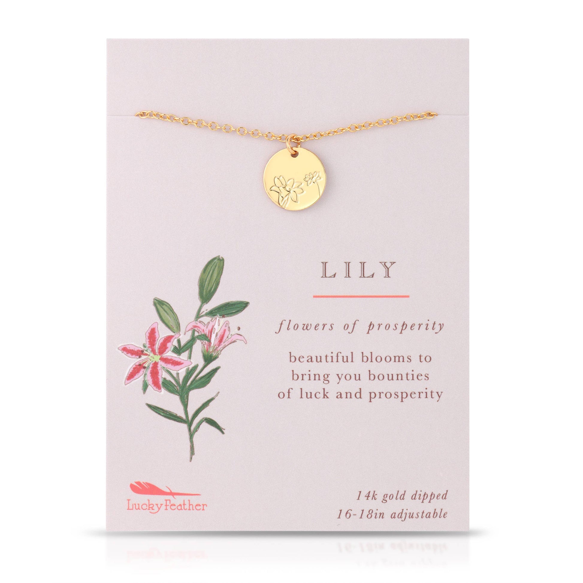Botanical lily necklace displayed in gift-ready packaging