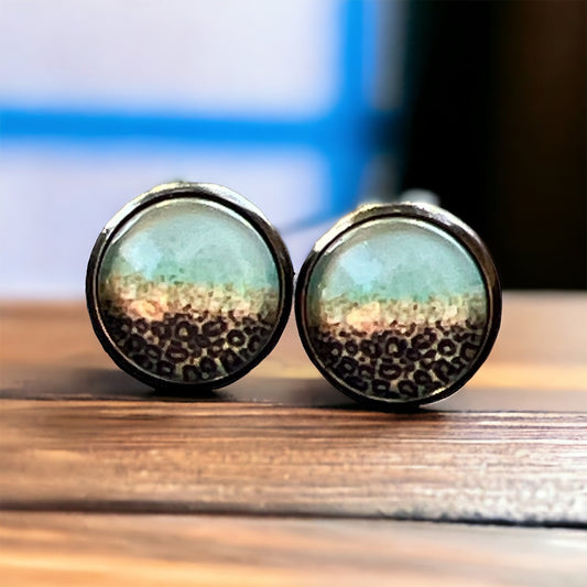 Mint Leopard Ombre Stud Earrings – Bold Boho Jewelry on wood display 