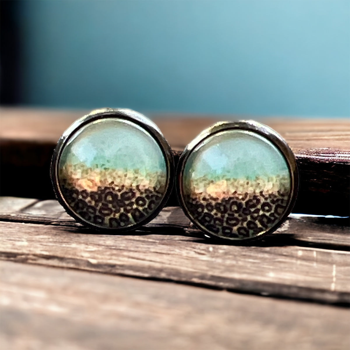 Mint Leopard Ombre Stud Earrings – Bold Boho Jewelry - front view