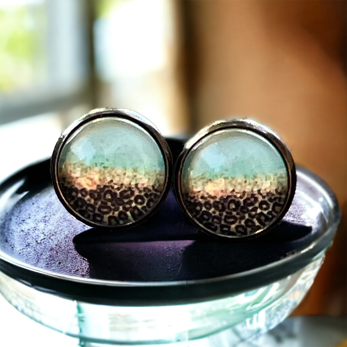 Mint Leopard Ombre Stud Earrings – Bold Boho Jewelry - on glass tray