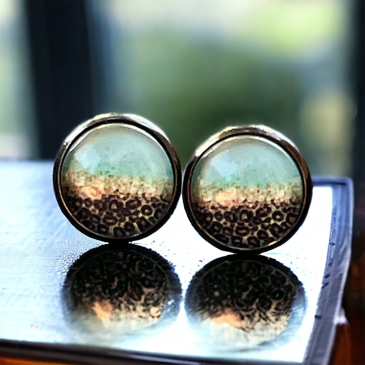 Mint Leopard Ombre Stud Earrings – Bold Boho Jewelry - on reflective tray