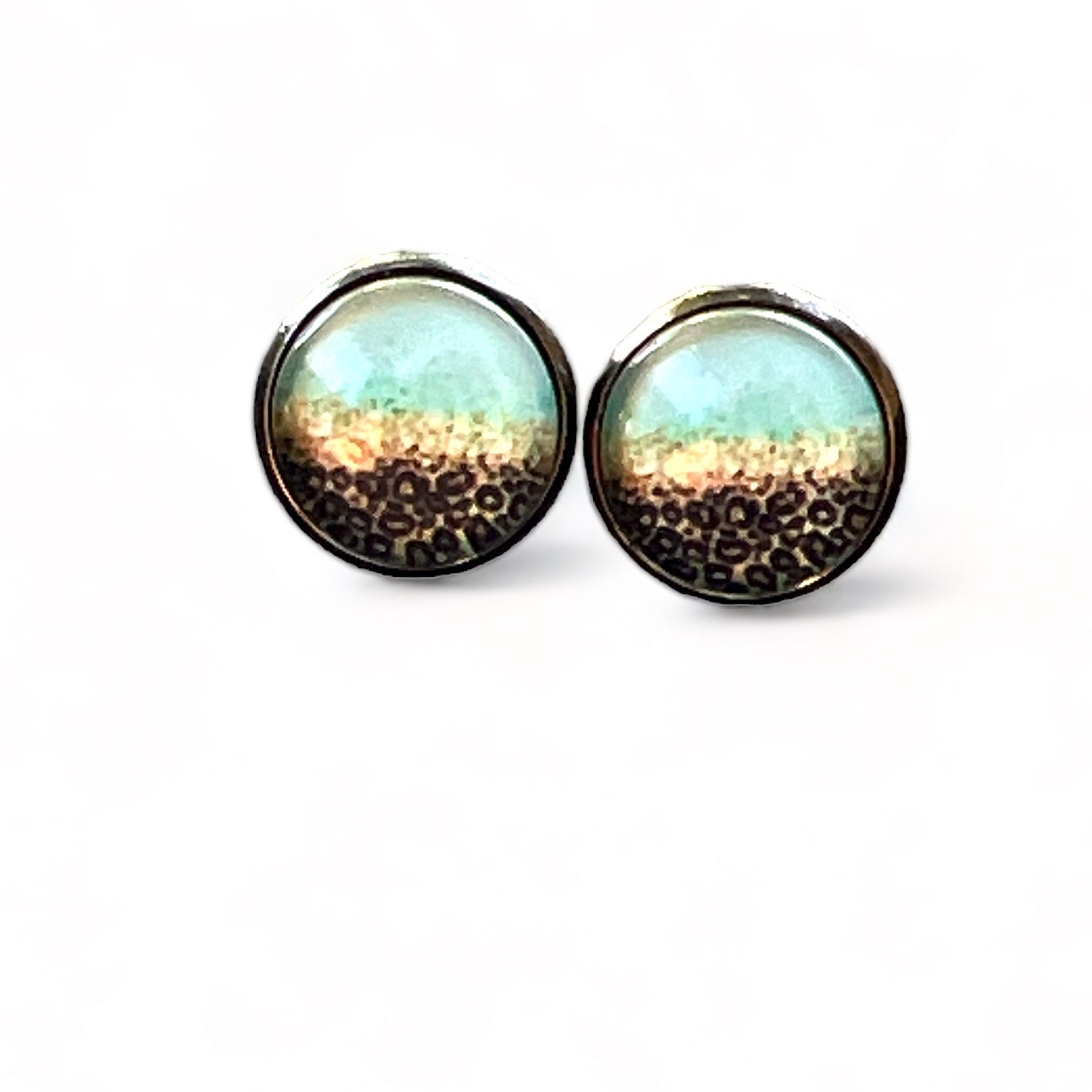 Mint Leopard Ombre Stud Earrings – Bold Boho Animal Print Jewelry on white background 