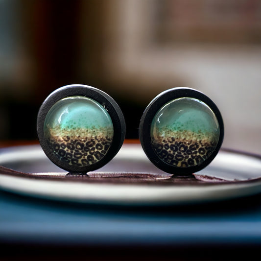 Mint fade resin stud earrings with leopard print detail in black wood setting