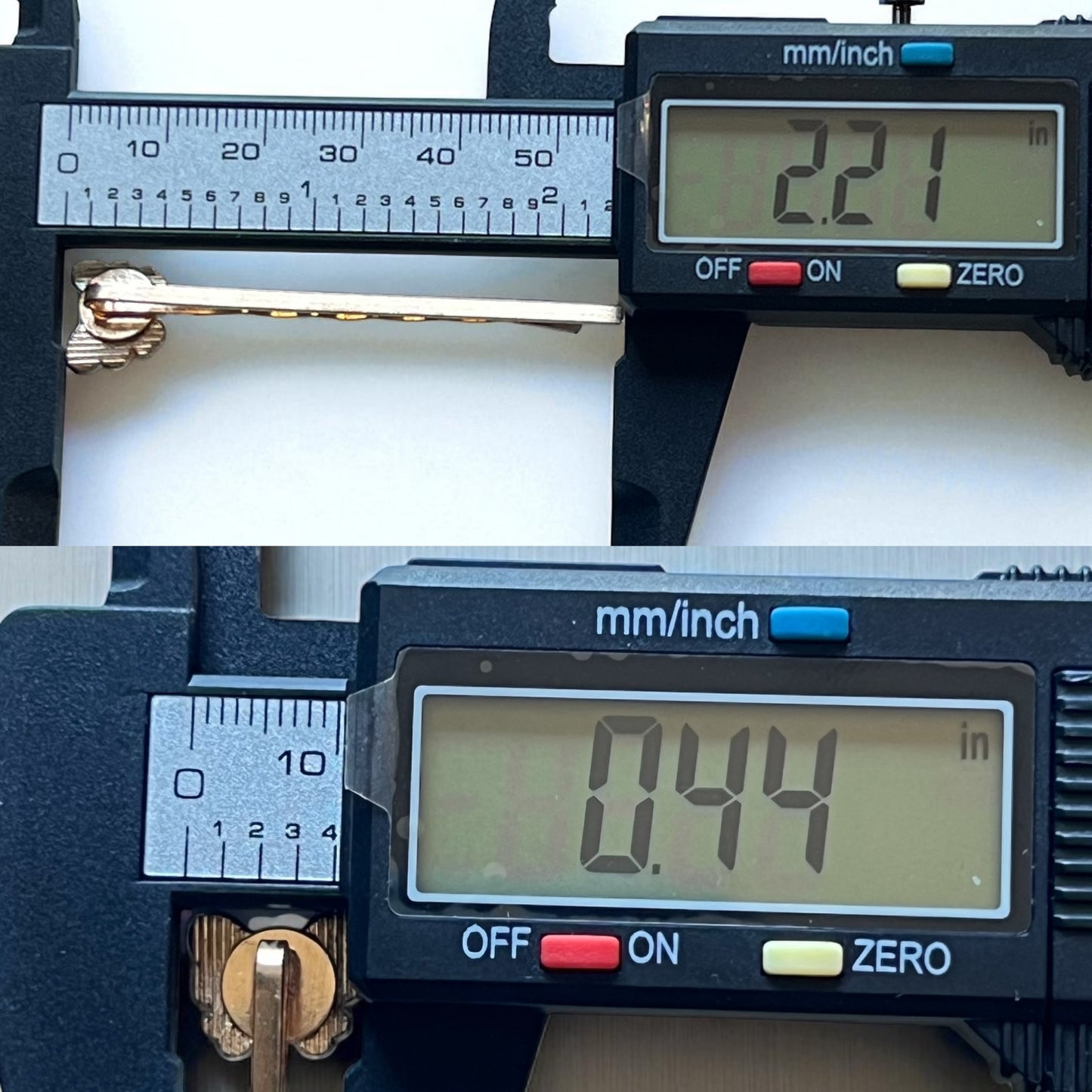 Digital caliper measuring a small object with displayed measurements.