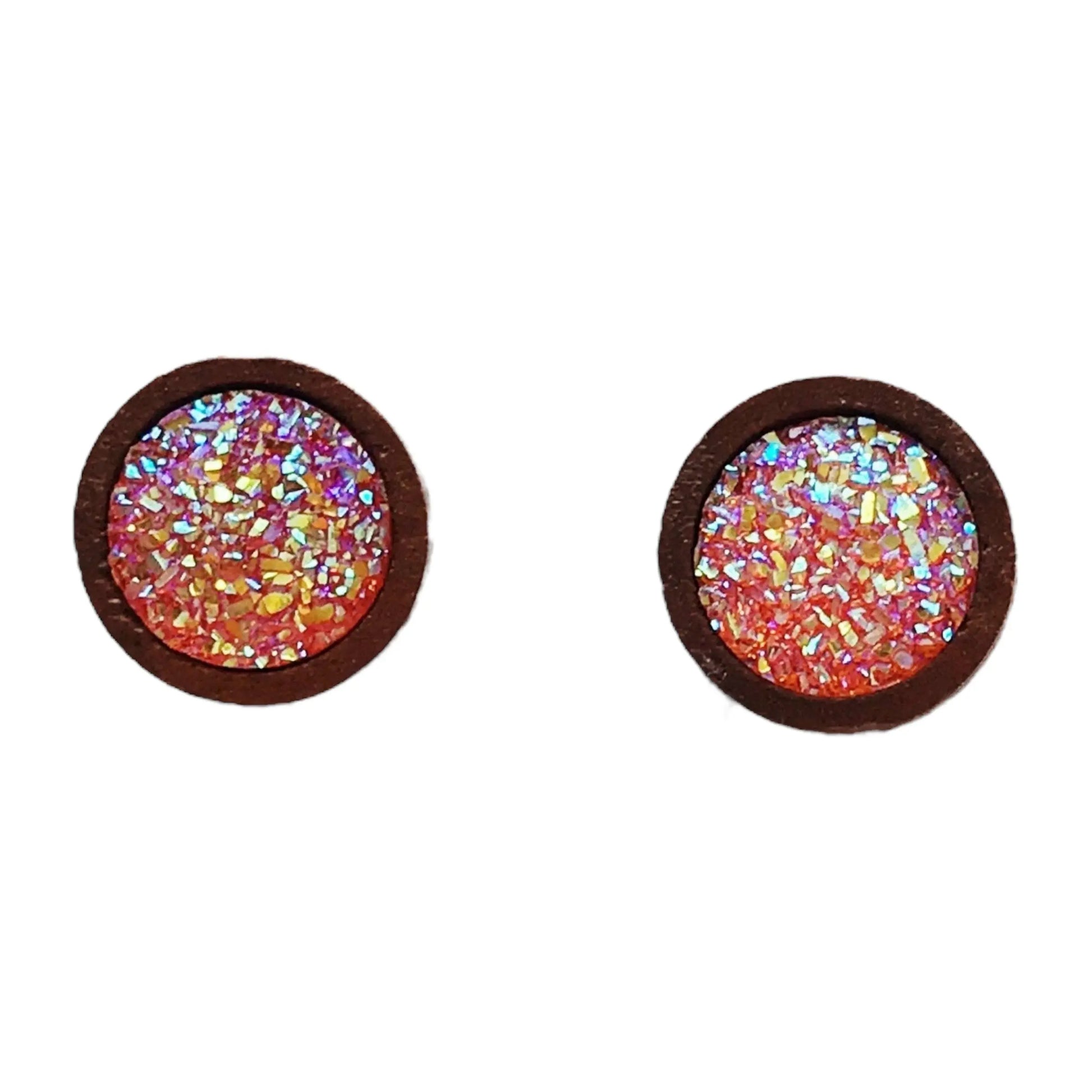 Round orange druzy wood stud earrings displayed on a white background 