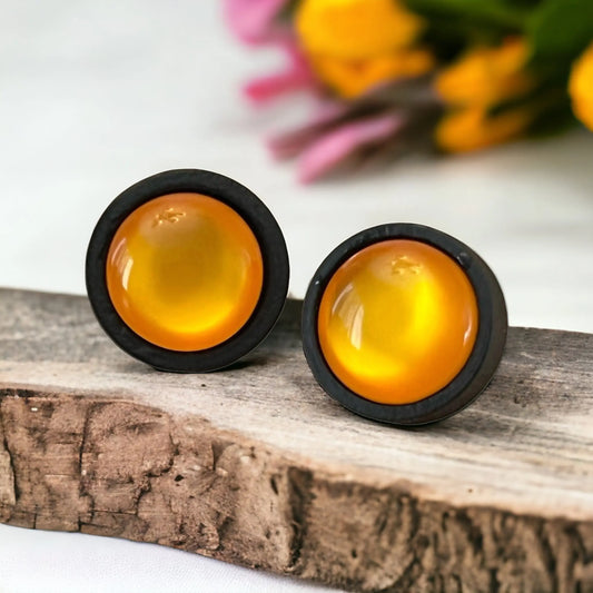 Pair of black-rimmed orange earrings on a wooden surface with flowers in the background
